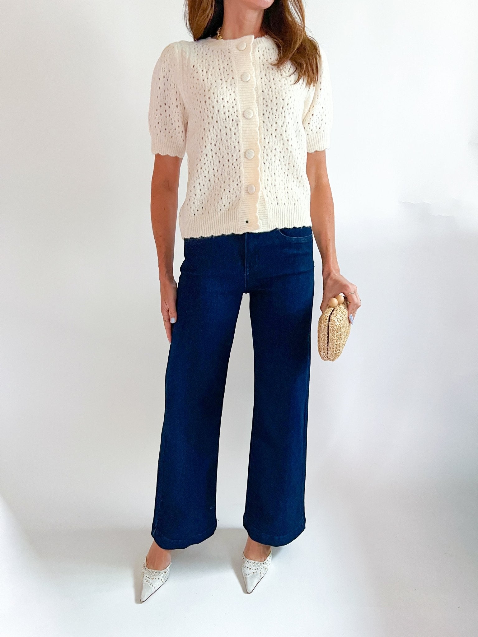 Pointelle Puff Sleeve Knit Cardigan - Swoon Boutique New Orleans