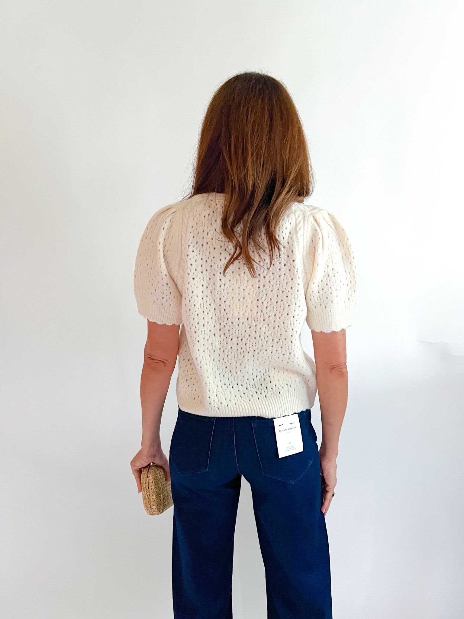 Pointelle Puff Sleeve Knit Cardigan - Swoon Boutique New Orleans