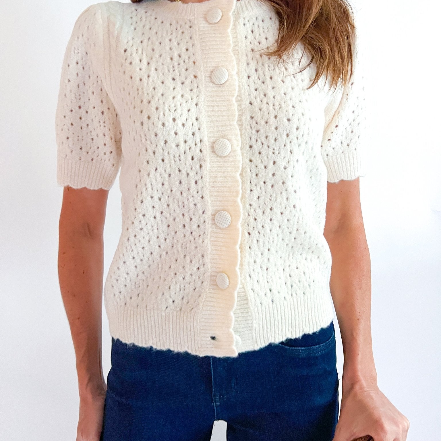 Pointelle Puff Sleeve Knit Cardigan - Swoon Boutique New Orleans