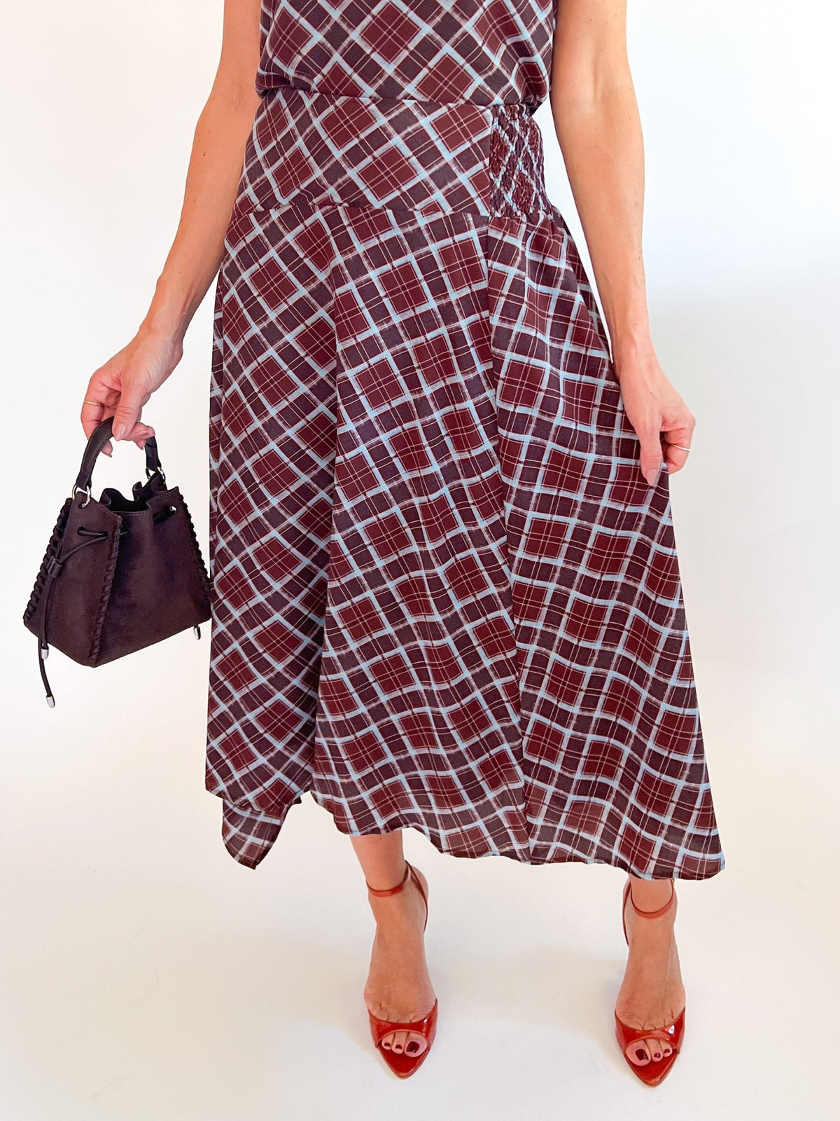 Rhodes Asymmetric Plaid Midi Skirt - Swoon Boutique New Orleans