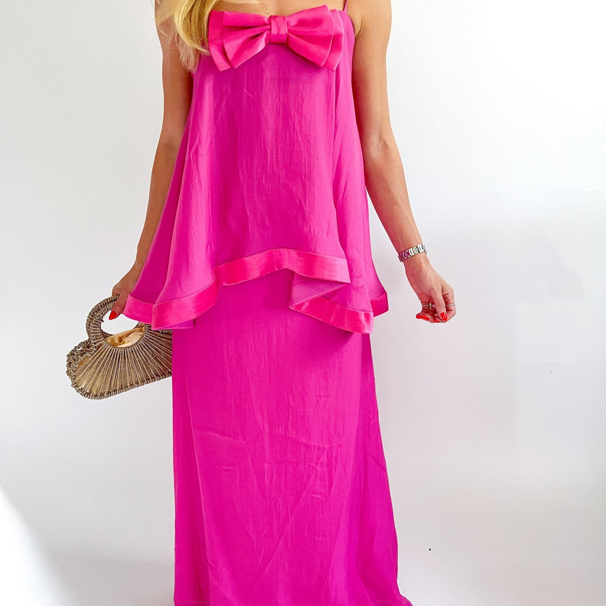 pink bow maxi dress Rosera Satin for Wedding Guests – Swoon Boutique New Orleans Boston BFCM Emerald Flower Girl Dress With delicate adjustable spaghetti Coat Size:50 R