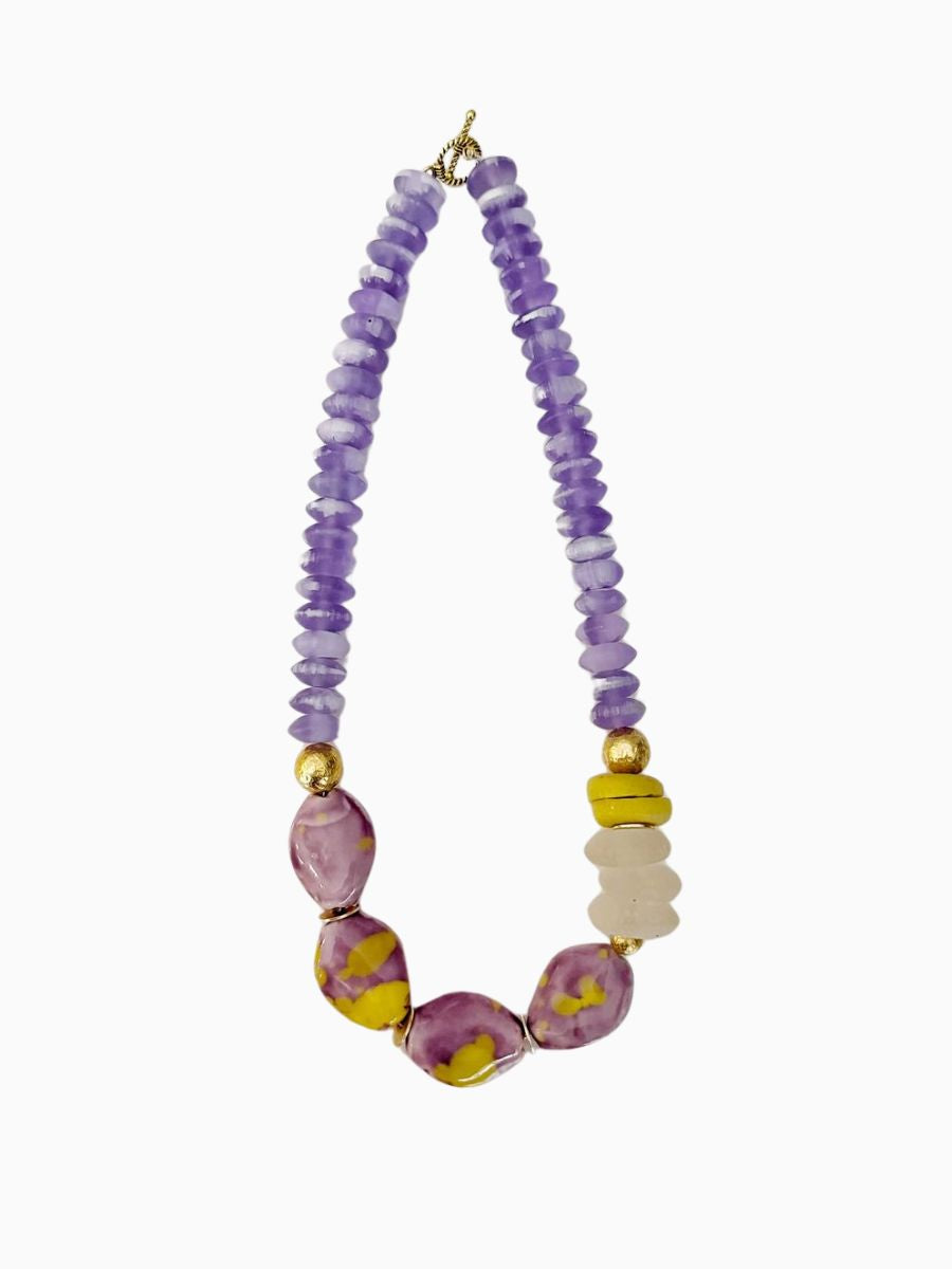 Purple and gold beaded statement necklace