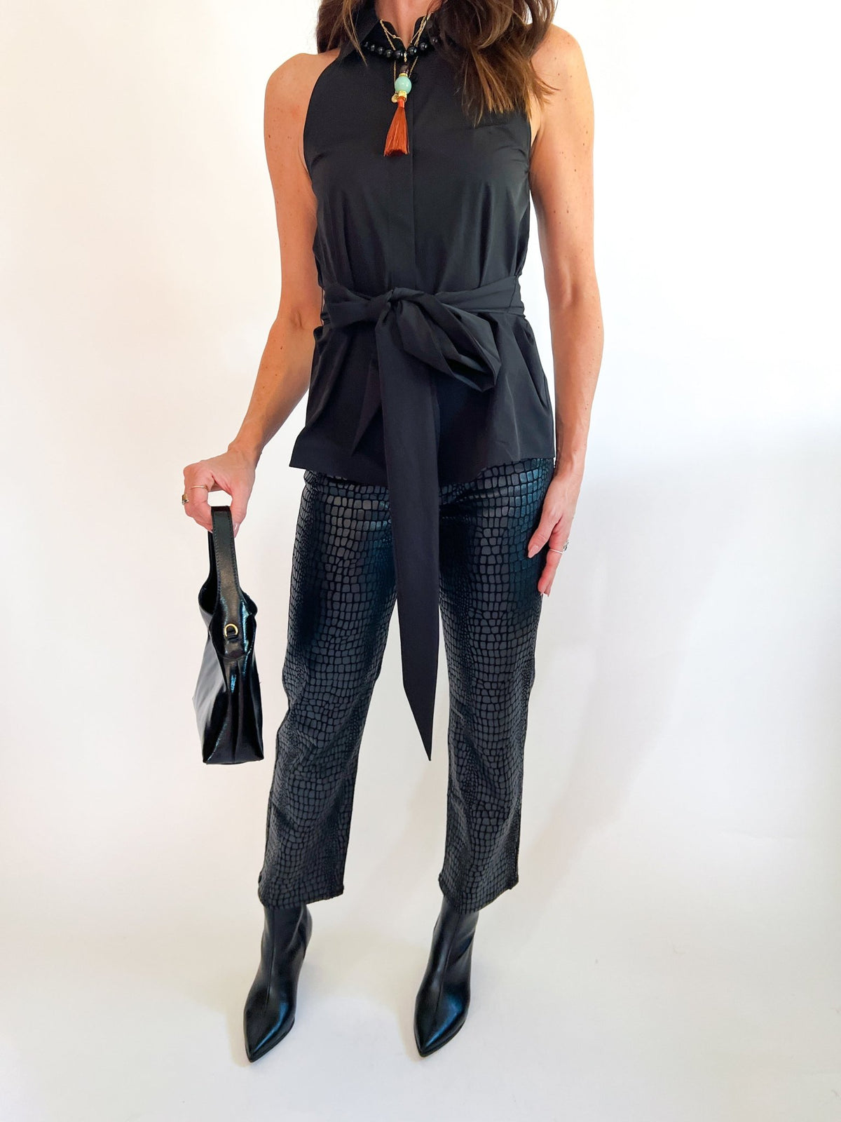 Sleeveless Collared Waist Tie Top - Swoon Boutique New Orleans