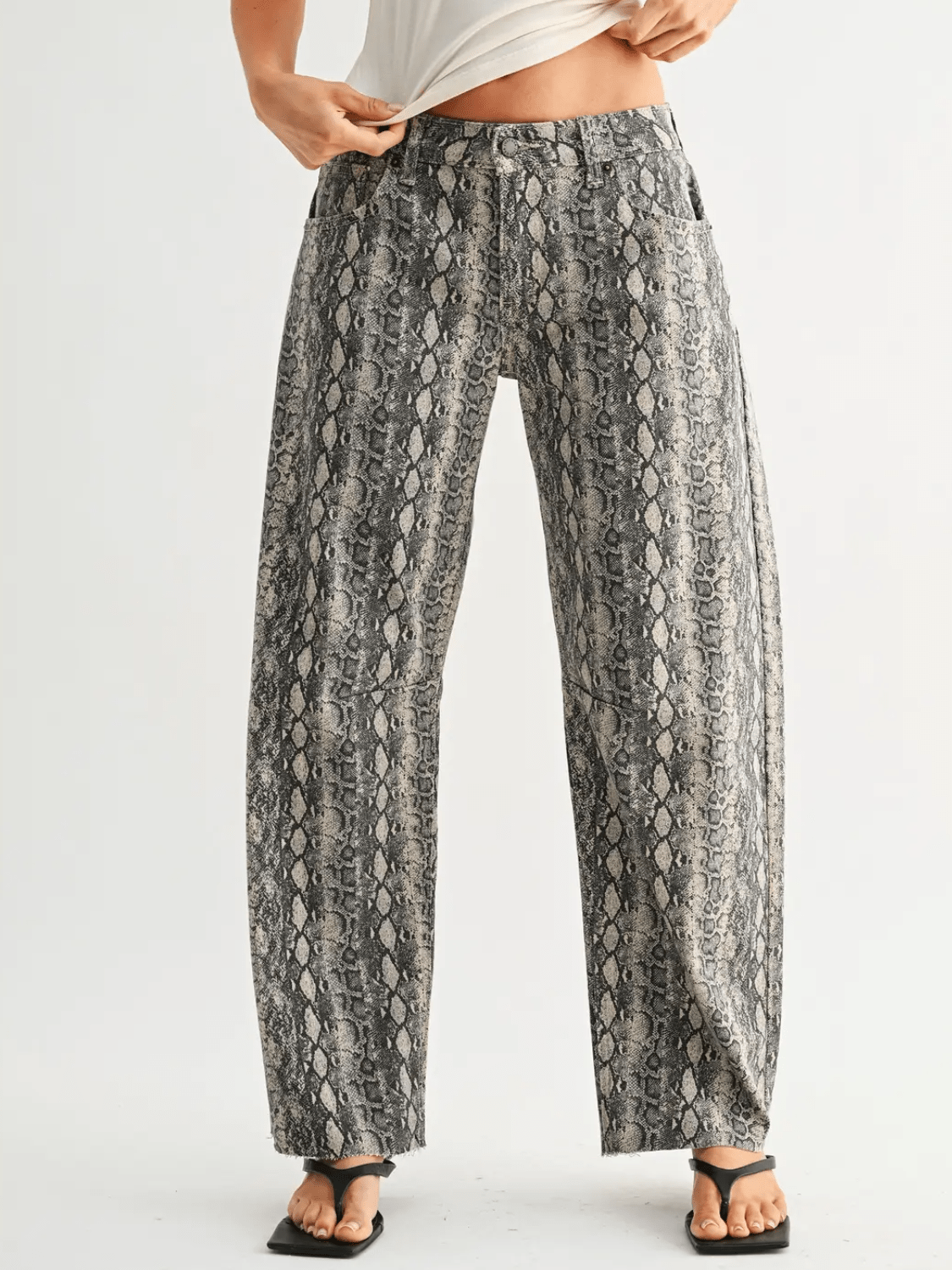Animal print mid rise barrel jeans