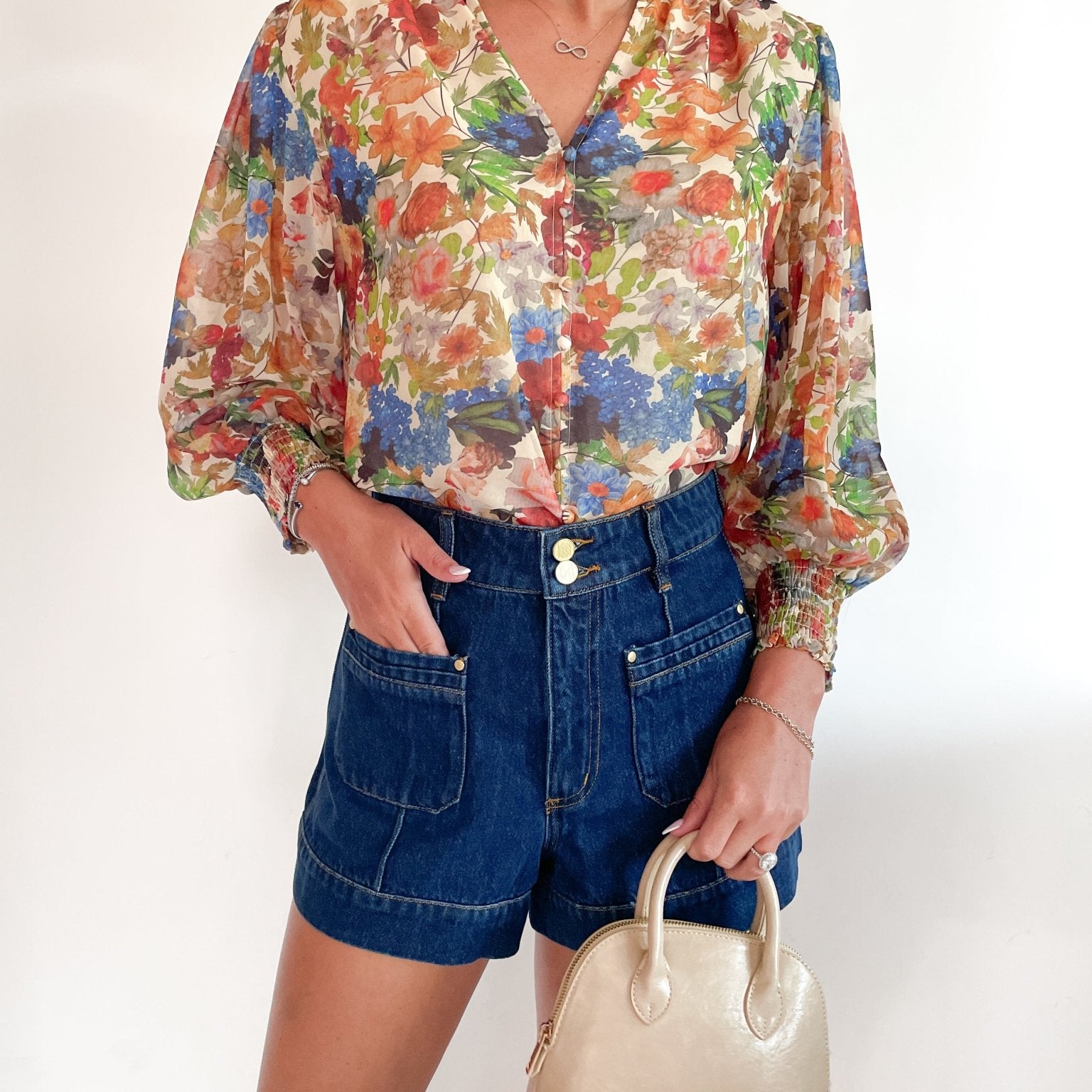 Split Neckline Button Blouse - Swoon Boutique New Orleans