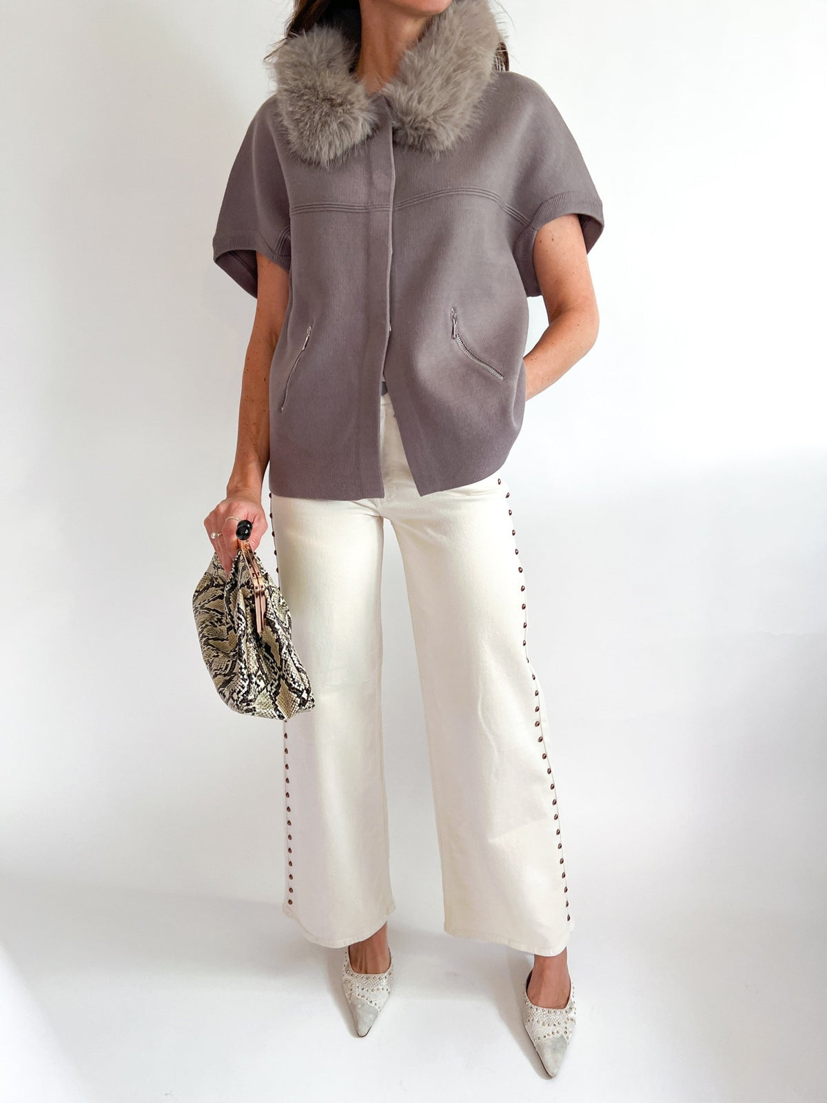 Stone Faux Fur Trim Cardigan - Swoon Boutique New Orleans