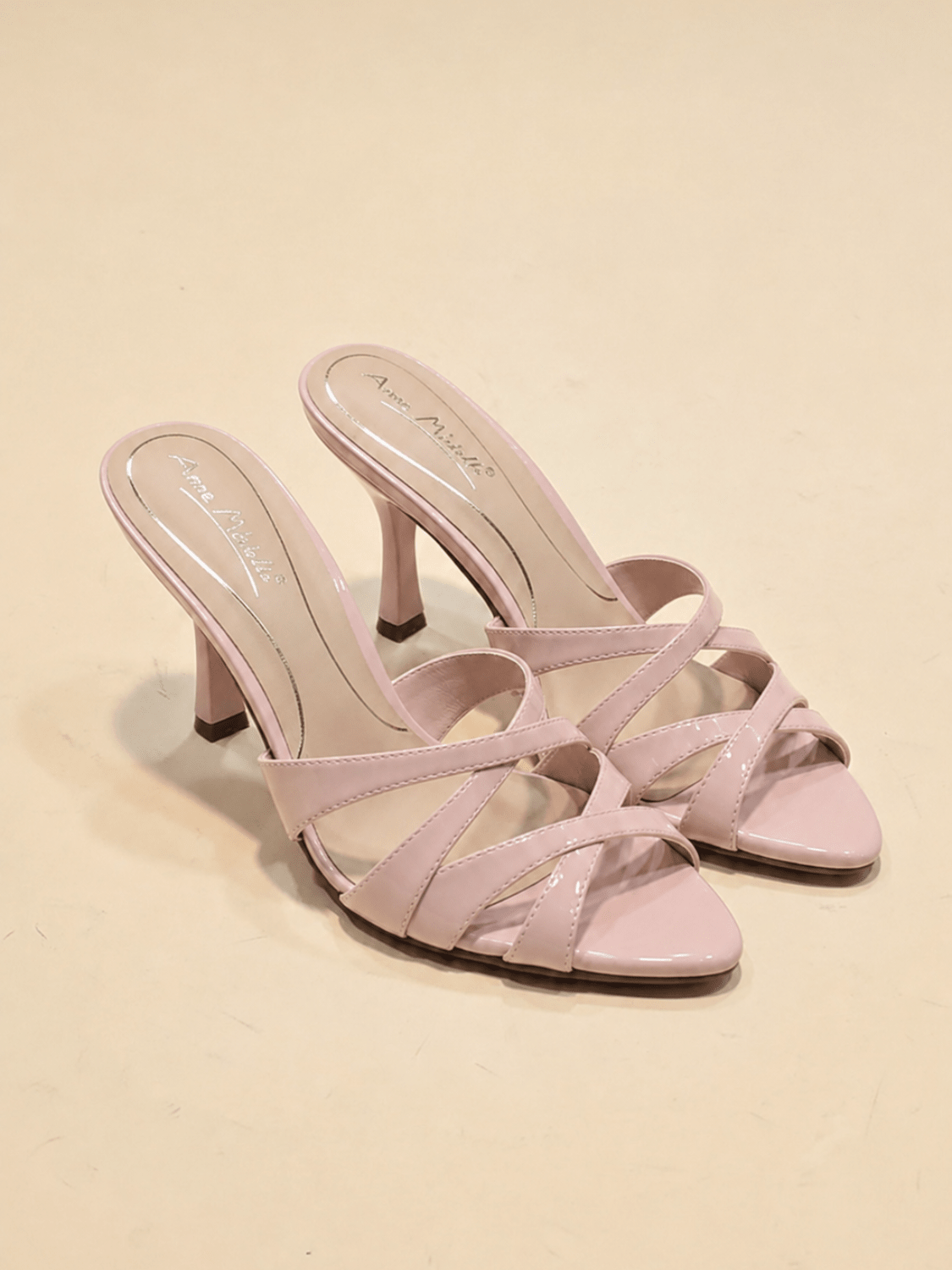 Nude strappy mule heel with crisscross straps