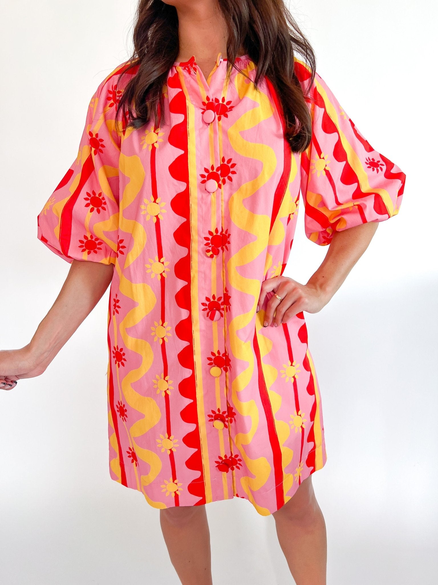 Sun and Wave Print Cotton Poplin Button Down Dress in pink multi cheerful pattern