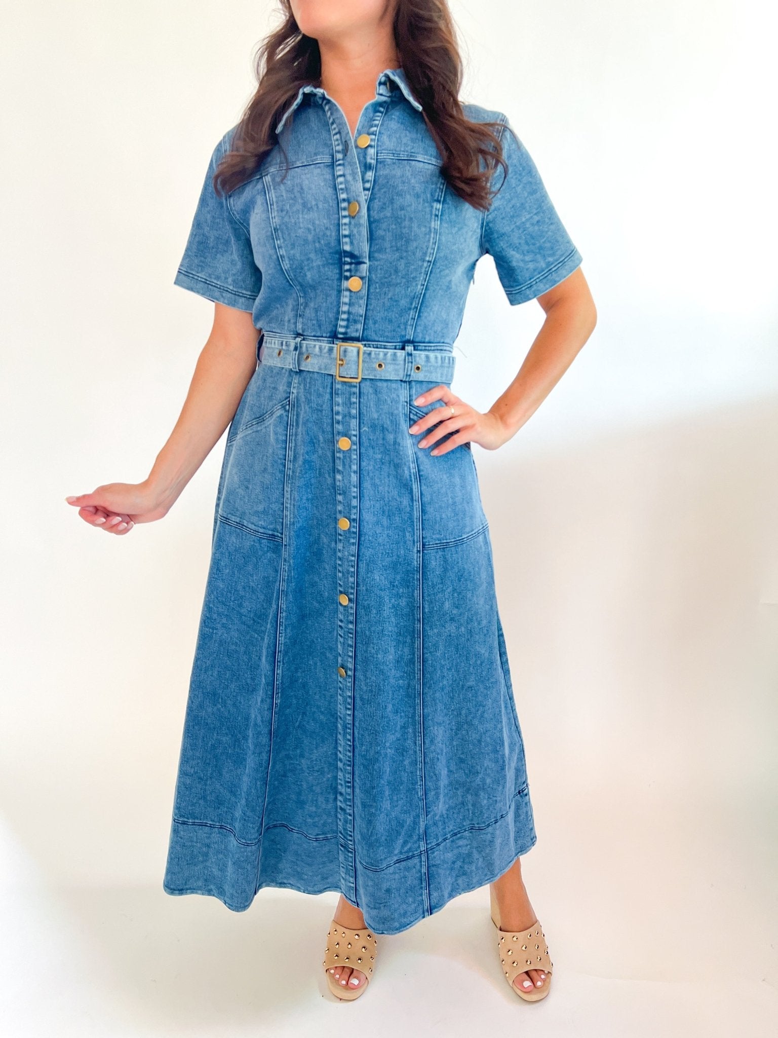 Medium denim short sleeve button-down maxi dress