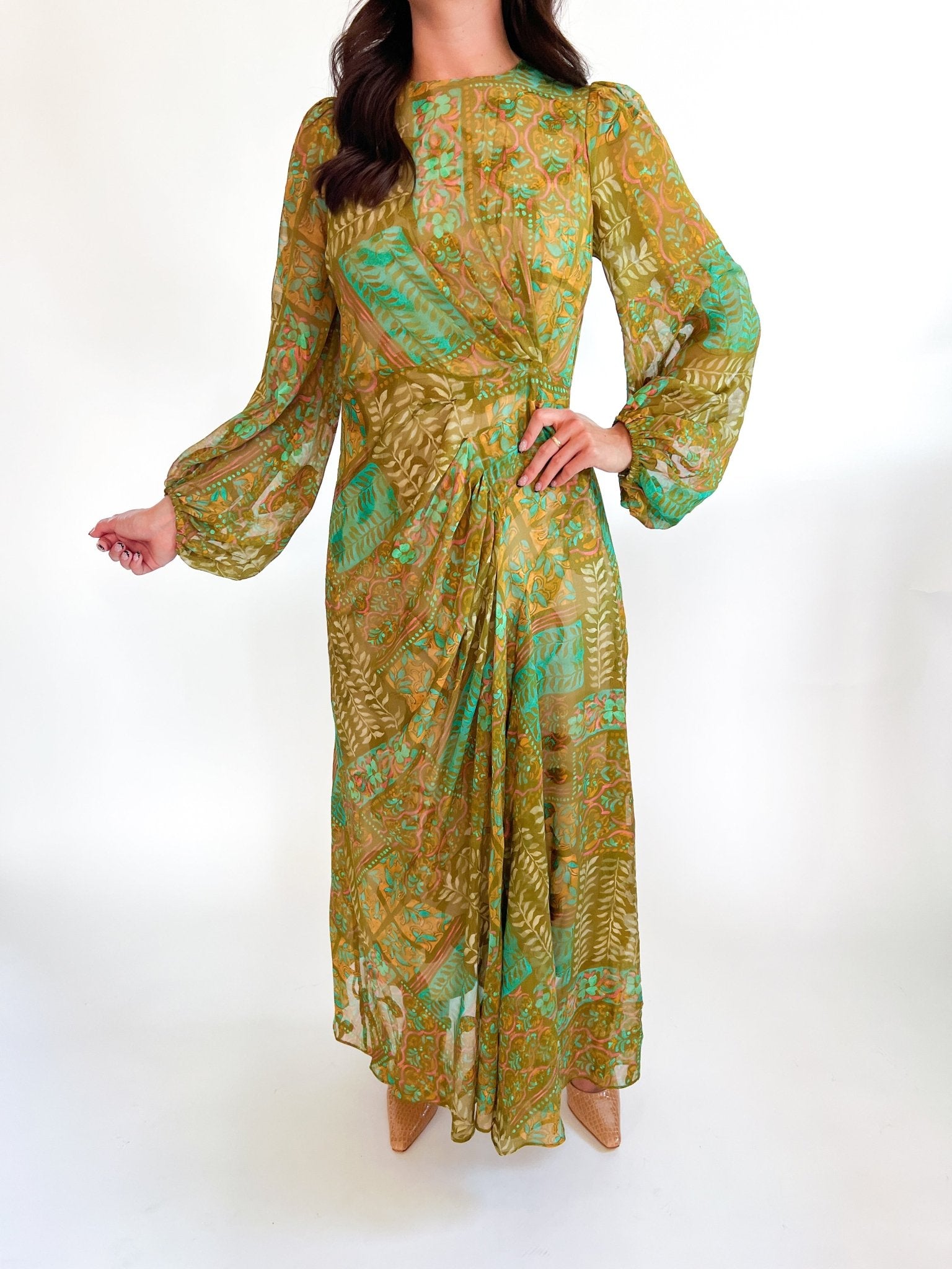 Tapestry Drape Pleated Maxi Dress - Swoon Boutique New Orleans