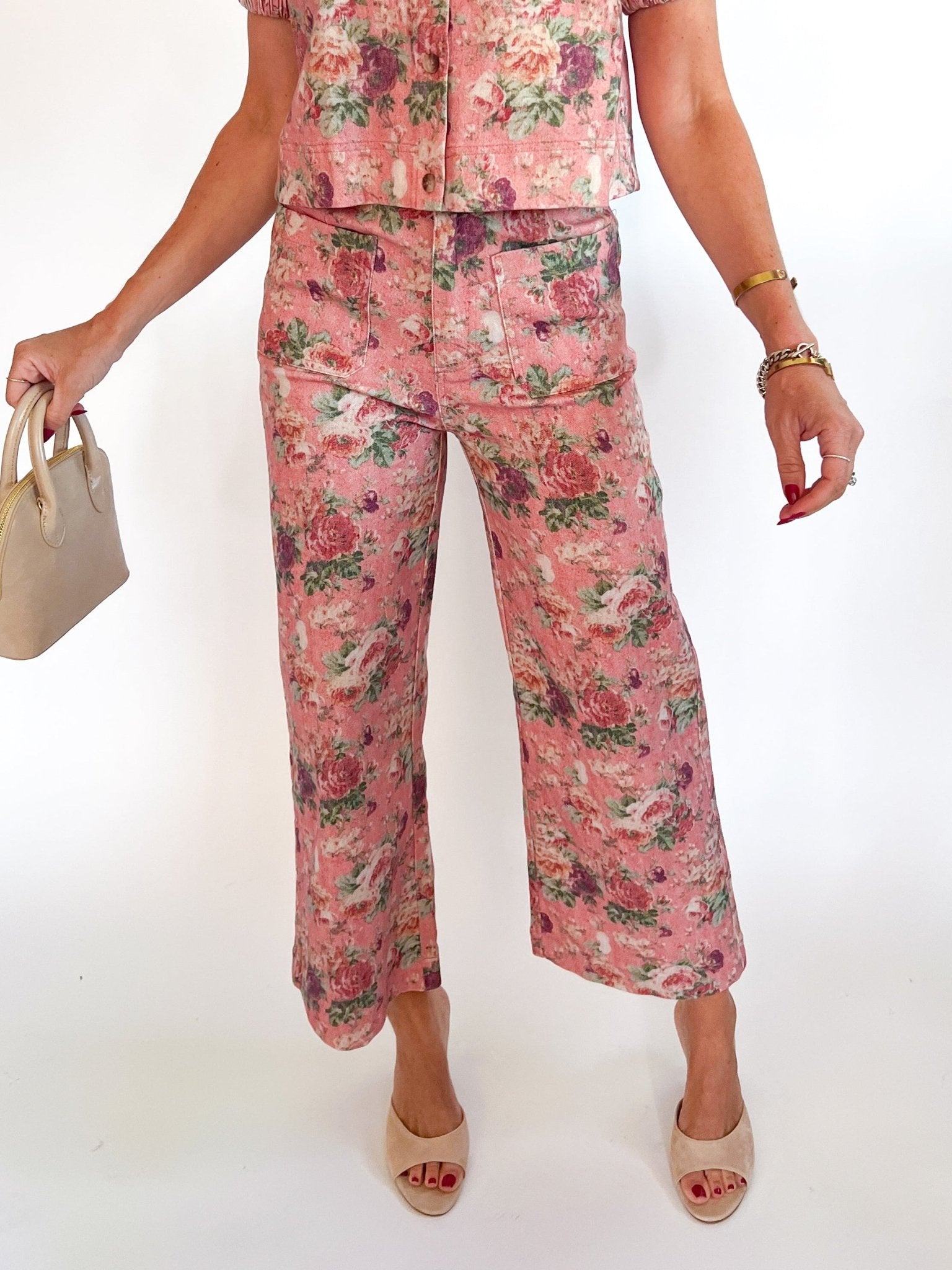 Pink floral wide leg pants