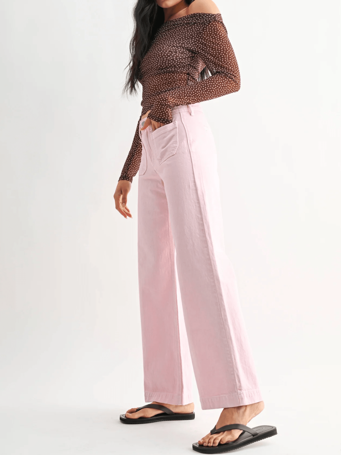 Pink wide leg jeans with patch pockets