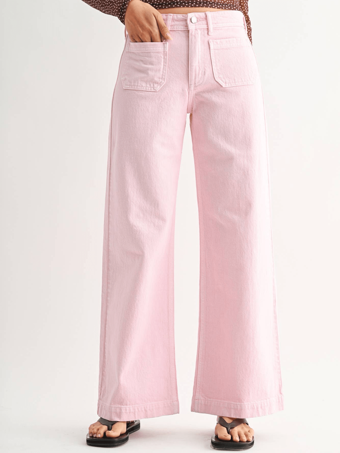 Pink wide leg jeans with patch pockets