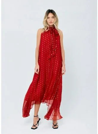 Red metallic halter neck maxi dress with fitted bodice
