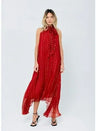 Red metallic halter neck maxi dress with fitted bodice