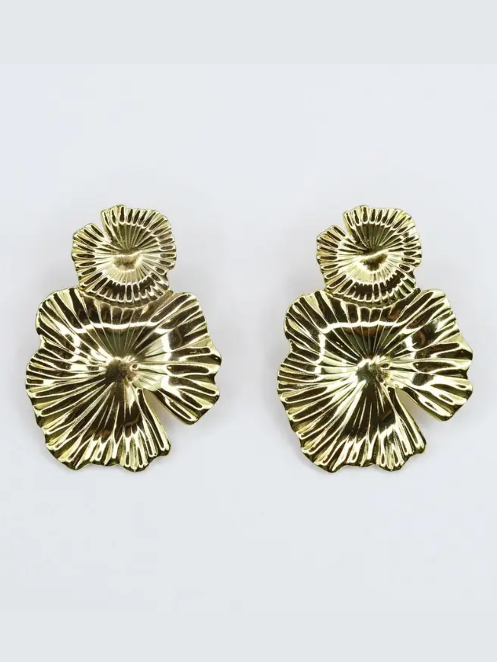 Golden Bloom Earrings with sculptural gold flower petal drop design