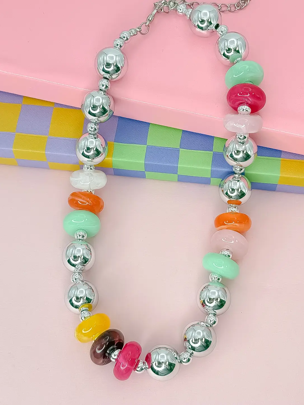 Candy Pop Beaded Necklace with oversized colorful beads in vibrant summer colors