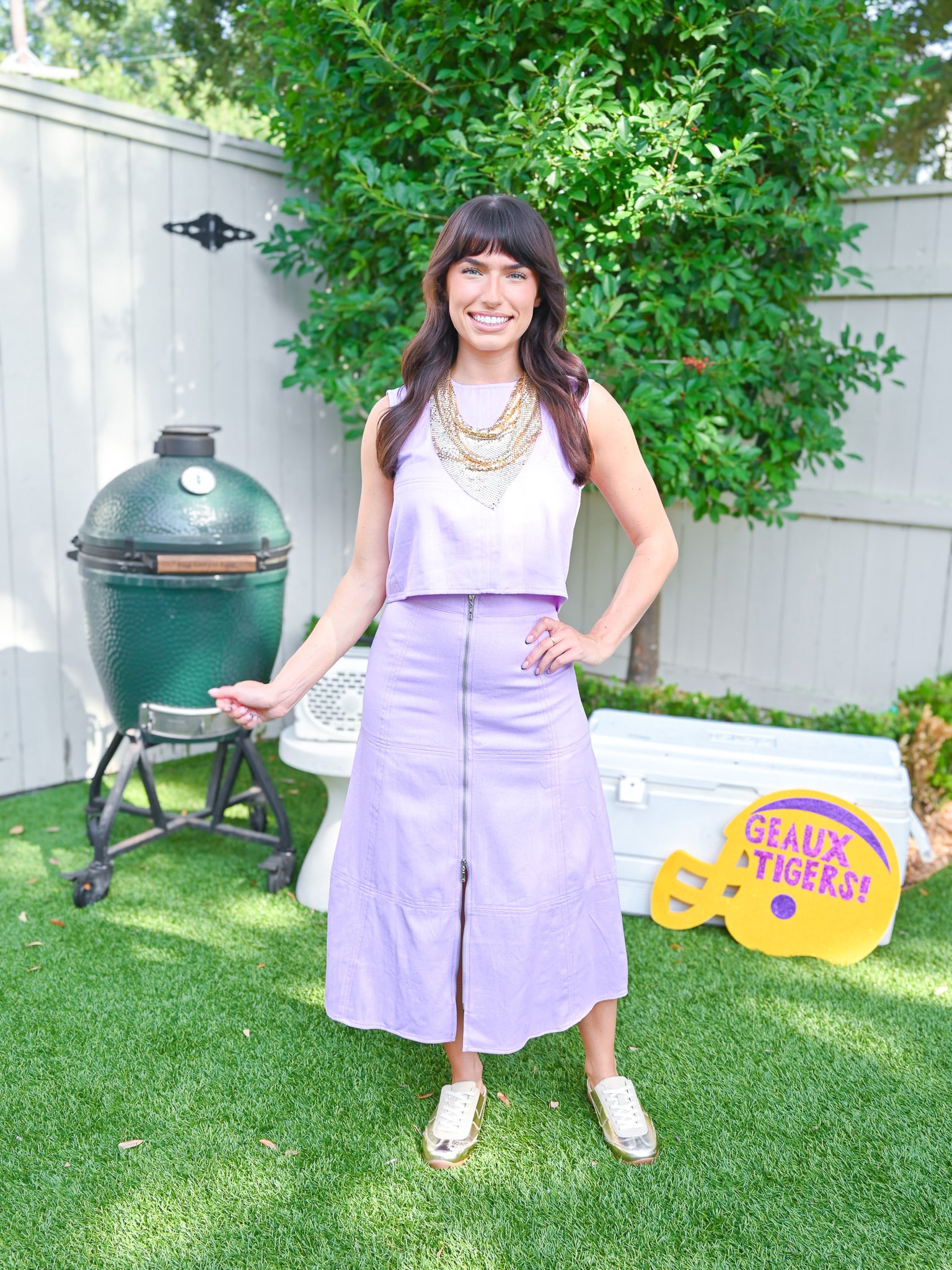 Purple denim midi skirt with front zipper