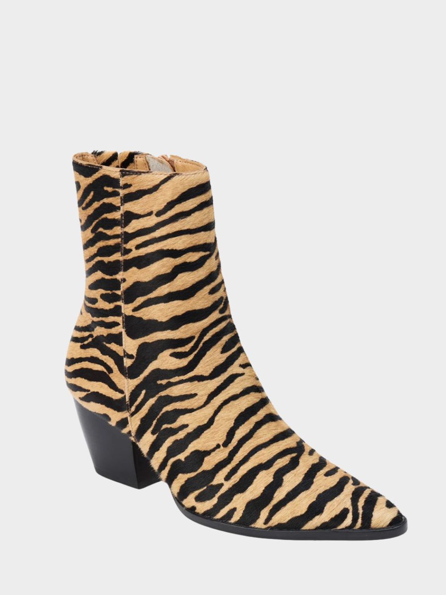 Tiger print cow hair ankle boots with zipper closure