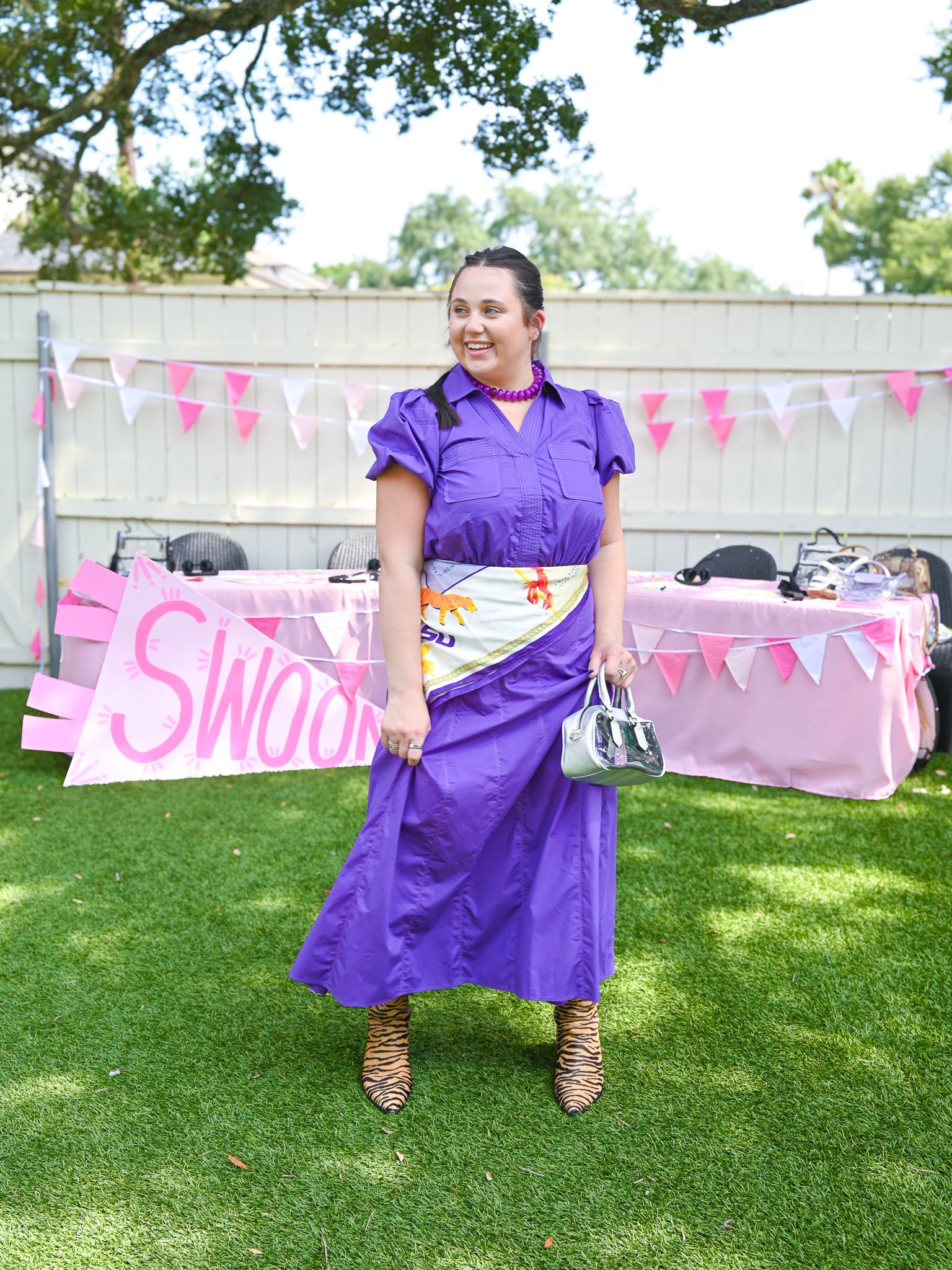 Purple puff sleeve top and midi skirt set