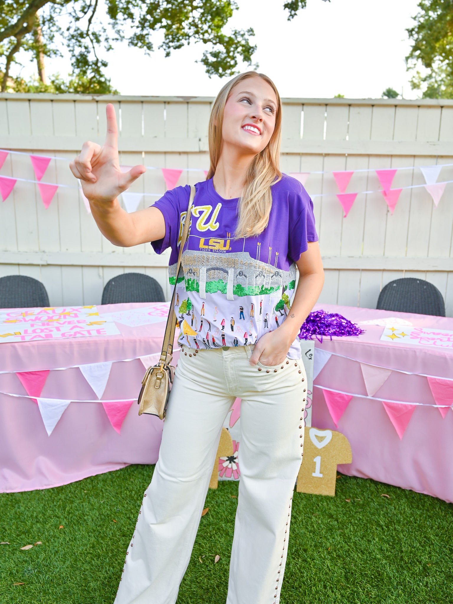 LSU Tiger Stadium graphic tee with sequin accents