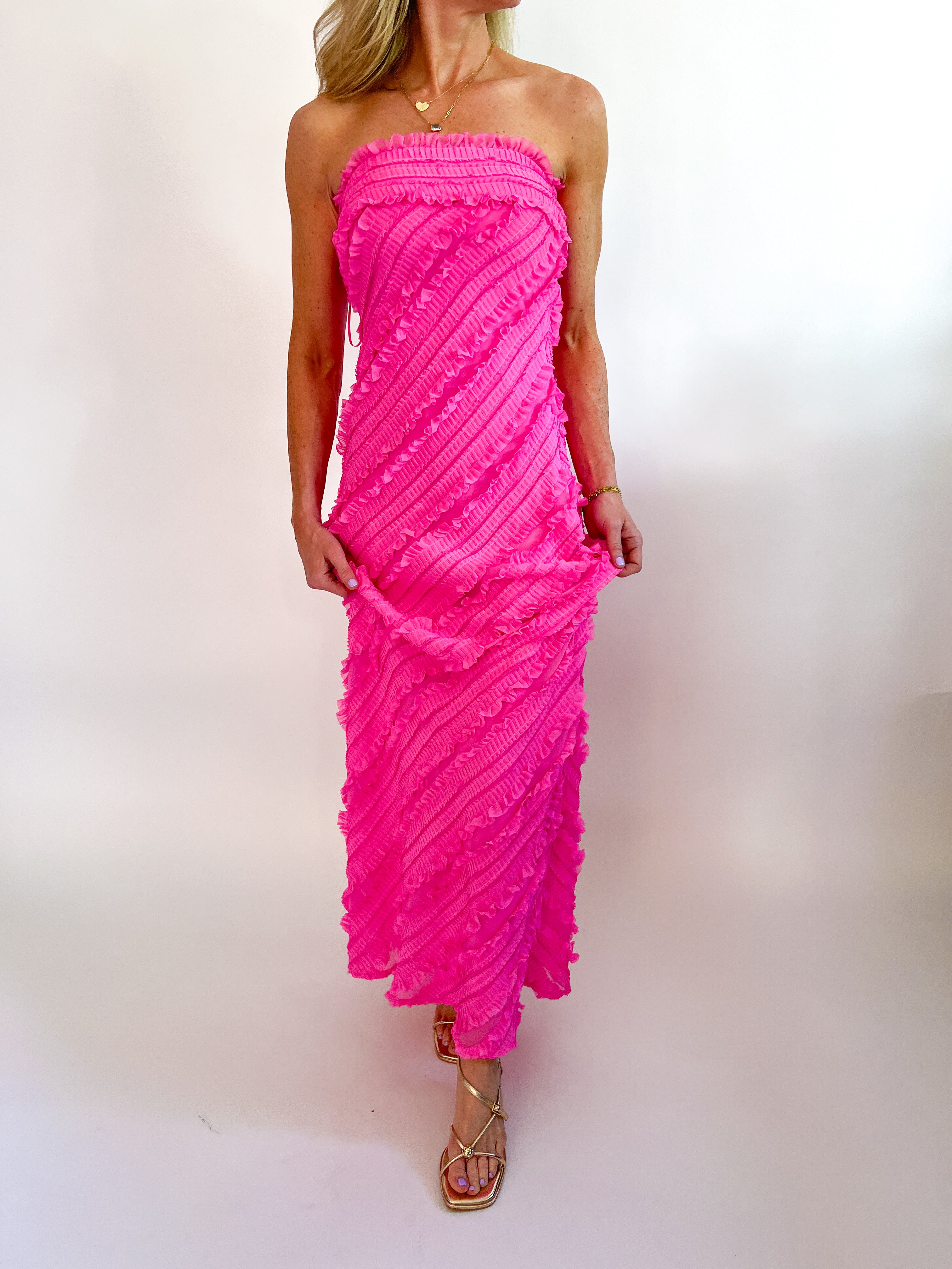 strapless hot pink maxi dress Cyprian Strapless Maxi Dress Hot Pink