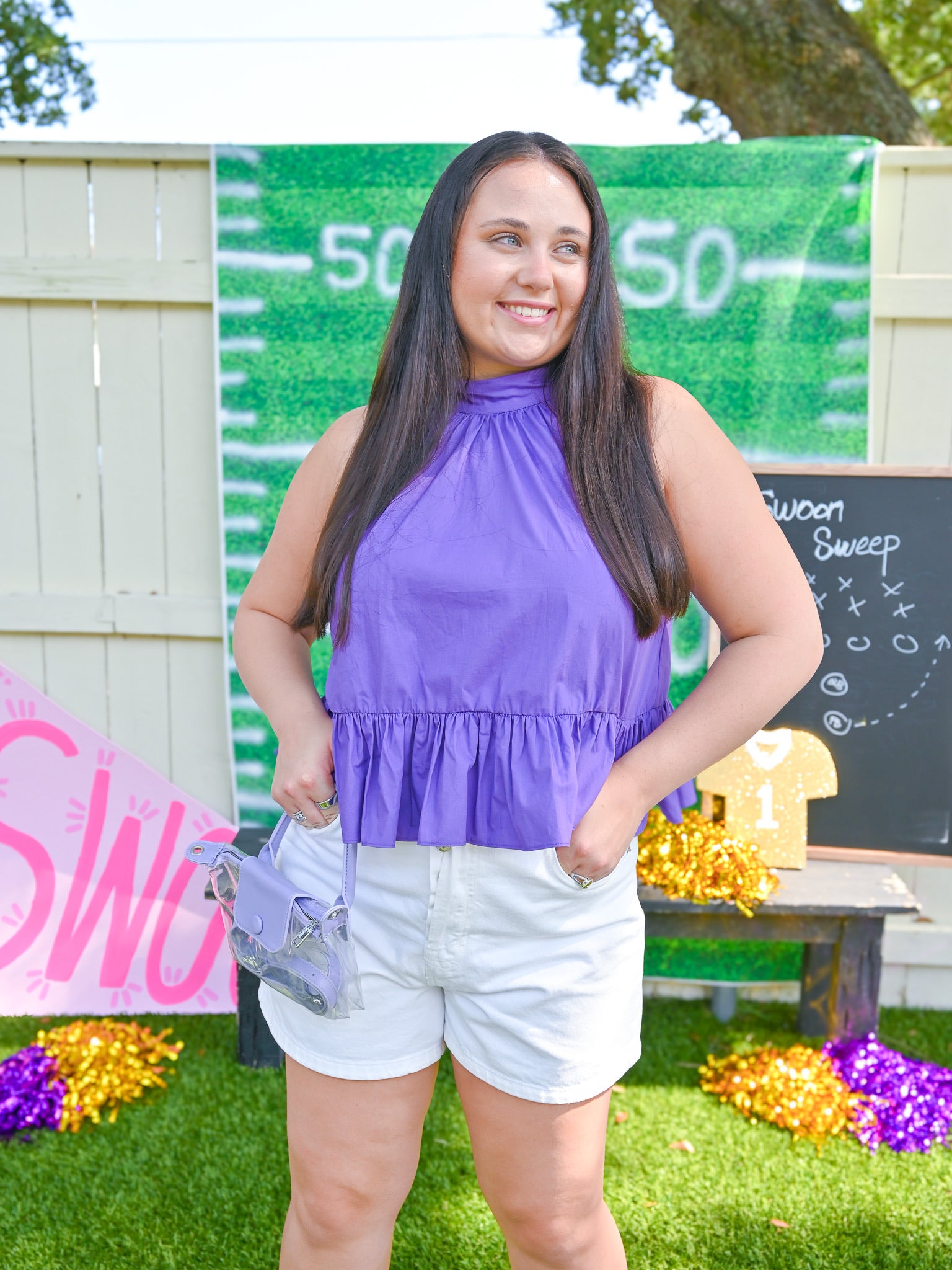 Purple halter top with peplum hem