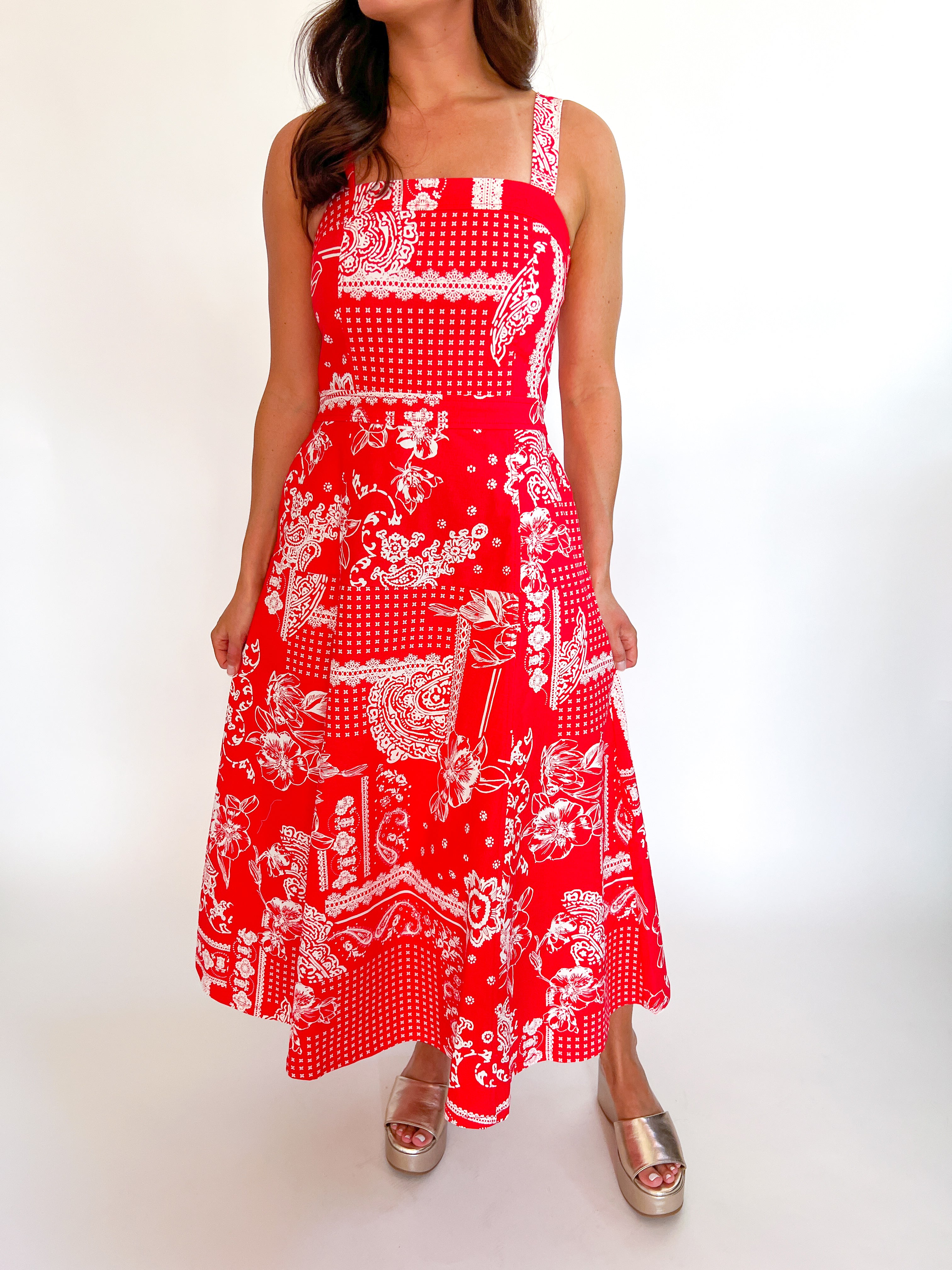 Paisley Floral Midi Dress - Red / L Paisley Floral Midi Dress - Red / L