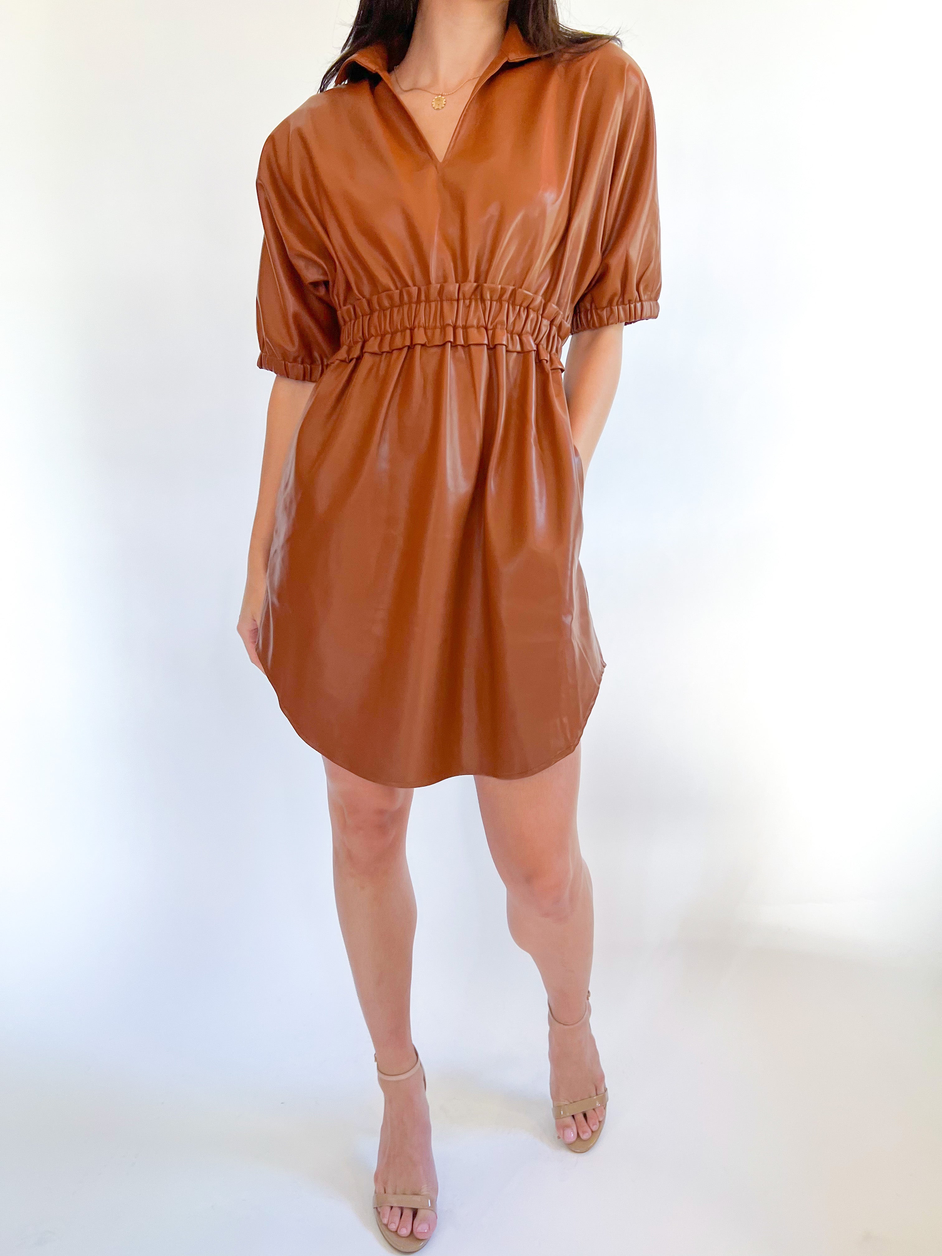 BB Dakota vegan friendly leather belted dress in brown