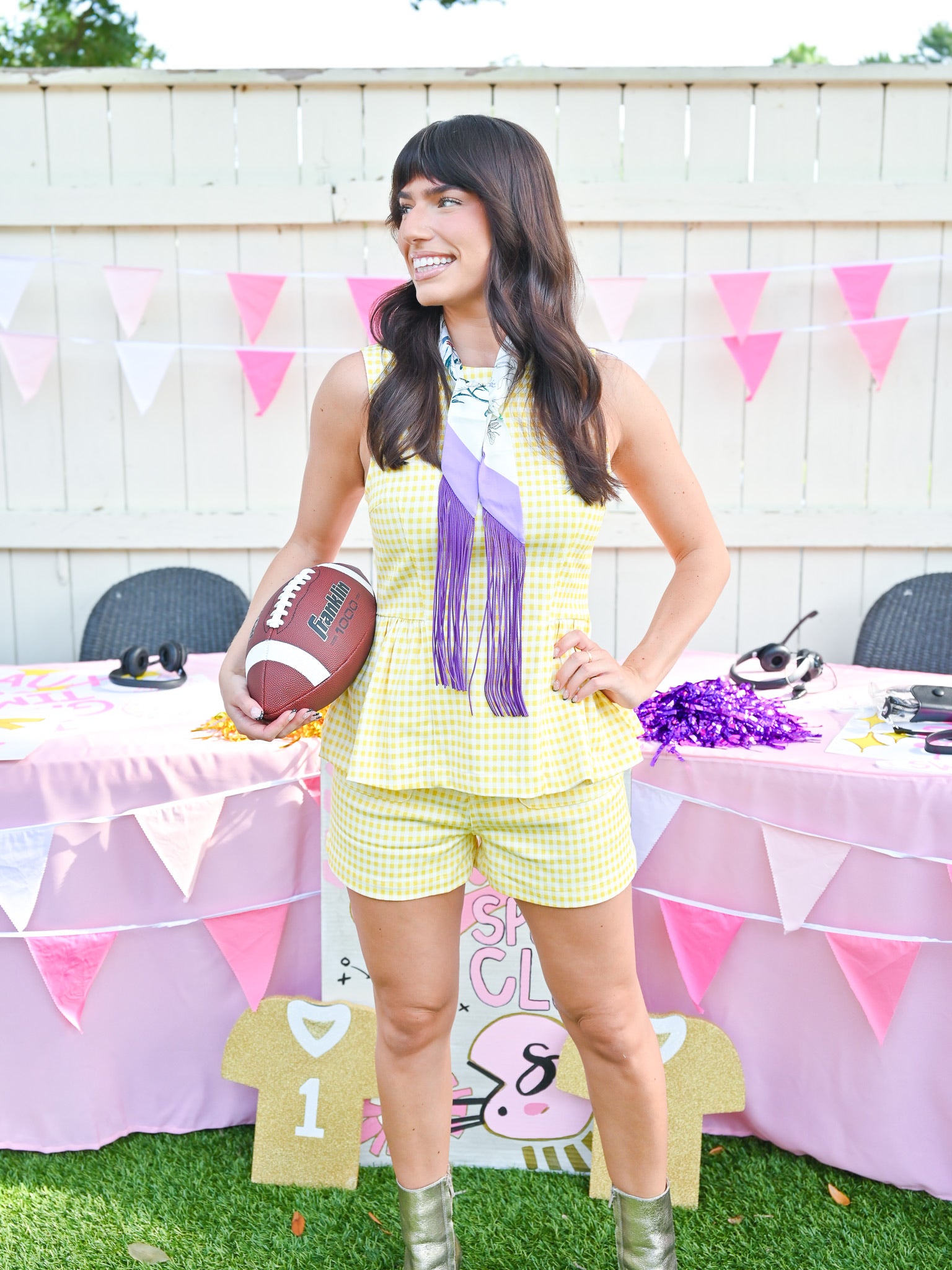 Gold gingham peplum top and shorts set