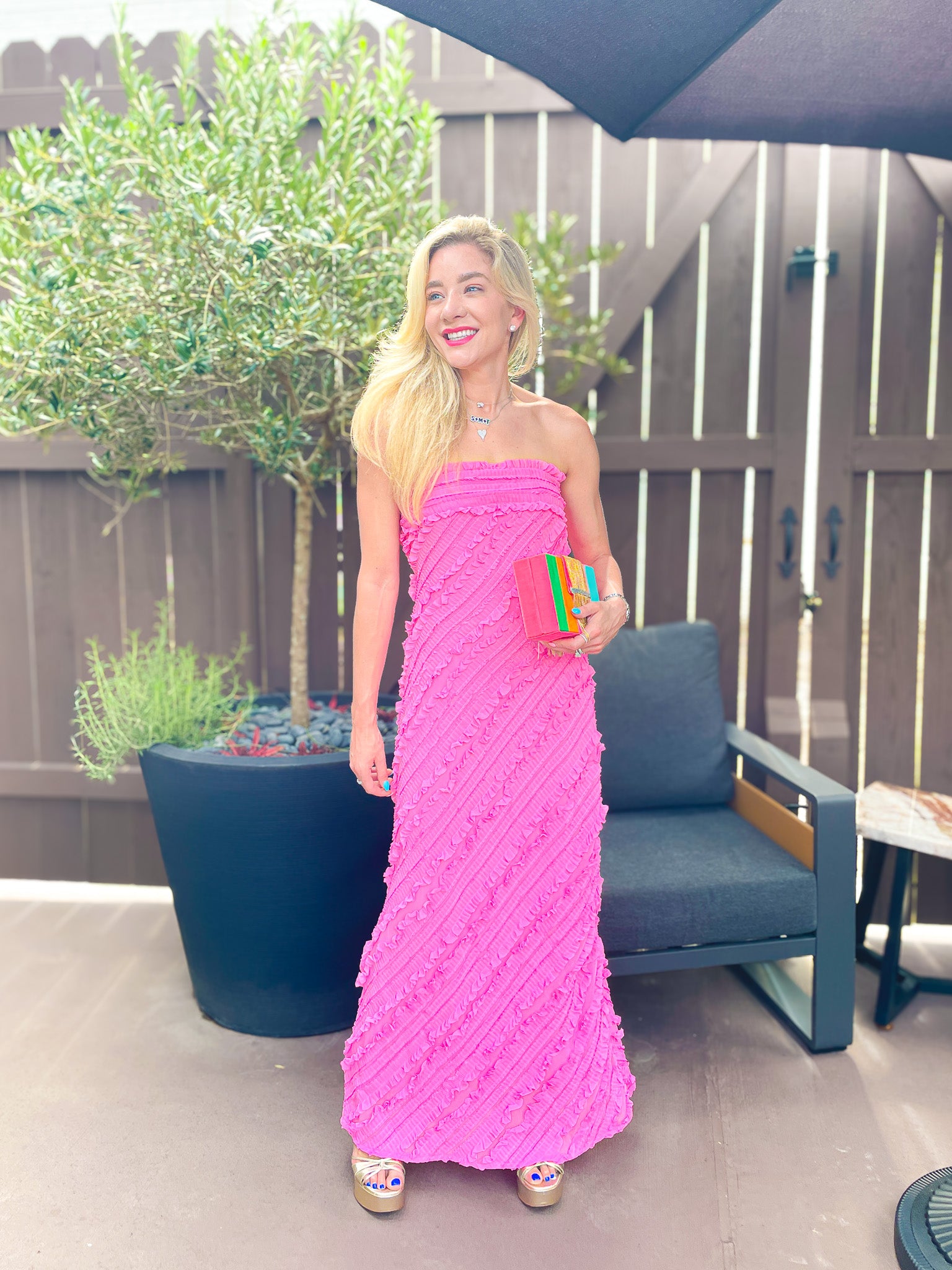 hot pink strapless maxi dress Hot Pink Lace Dress - Hot Pink Satin Dress - Bustier Maxi Dress