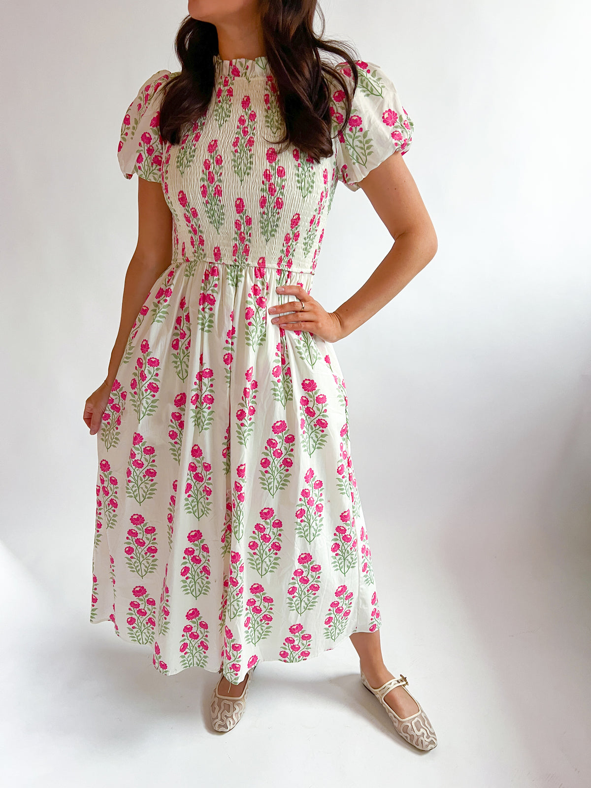 smocked neck midi dress Brooks Floral Smocked High Neck Midi Dress Cream / L