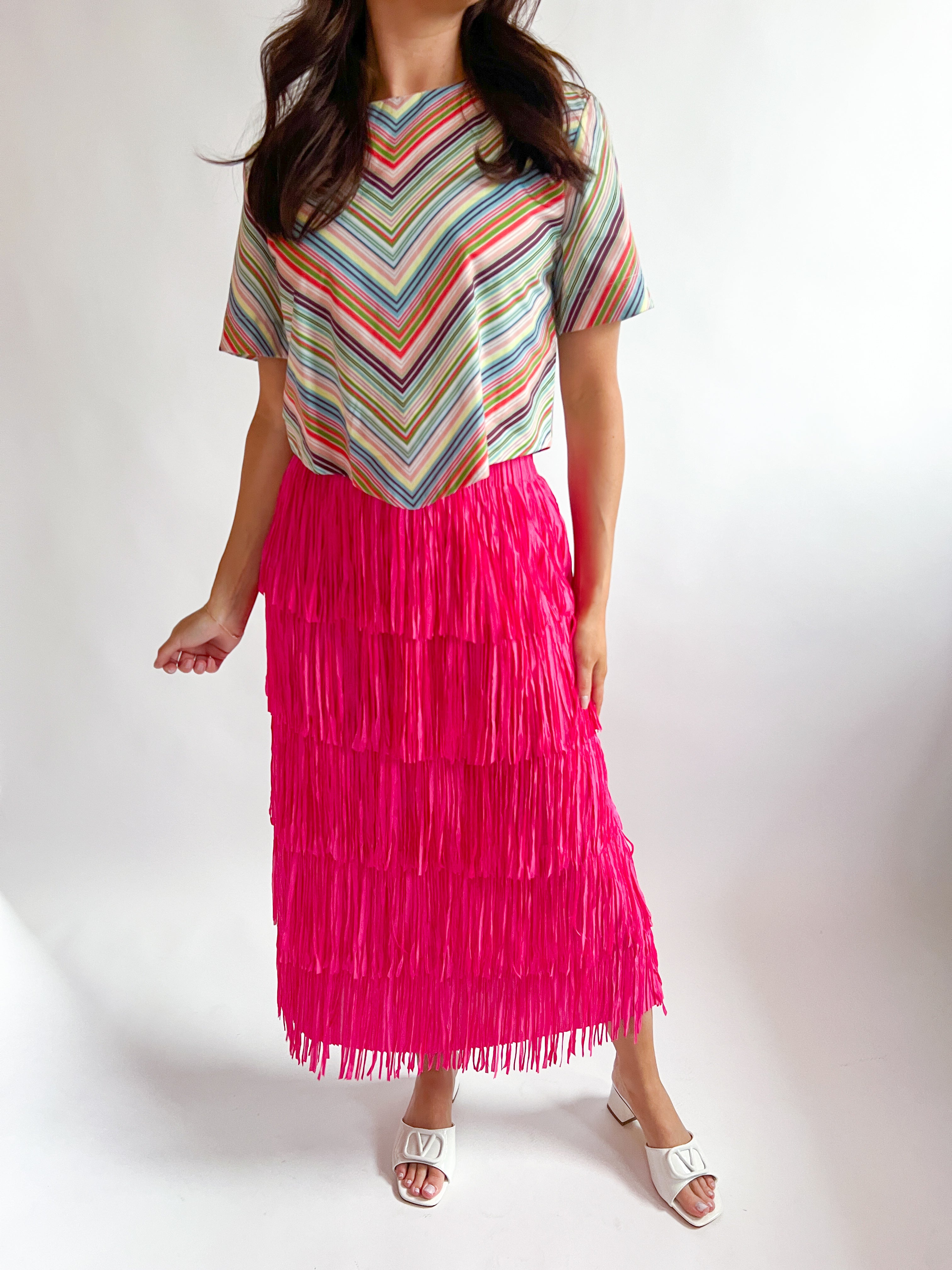 Fringed High Waist A-Line Tiered Skirt