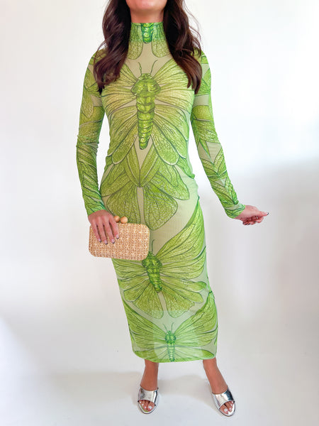 ballaholic mesh グリーン ロングスリーブ Emerald Dragonfly Sheer Mesh Gown | Printed Mesh Maxi Dress