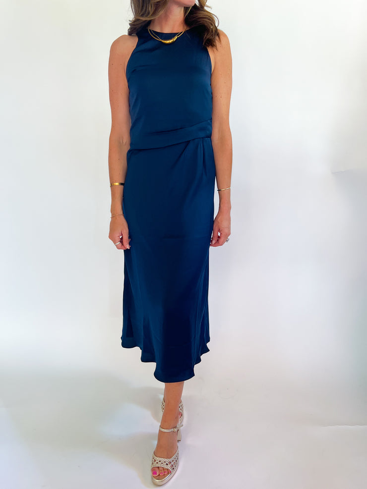 a woman in a blue dress