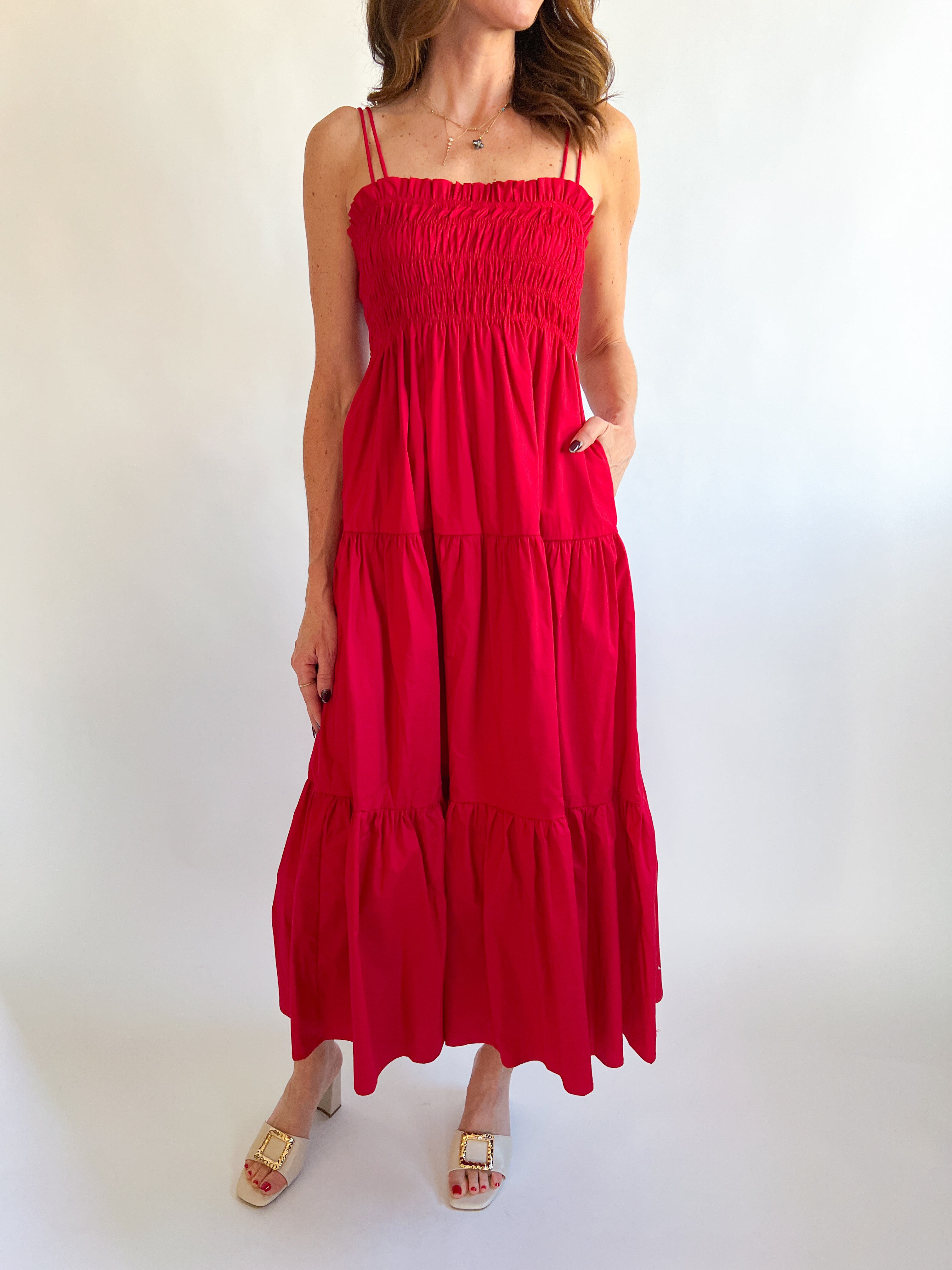 Gennie Smocked Tiered Midi Dress Red / L Gennie Smocked Tiered Midi Dress Red / L