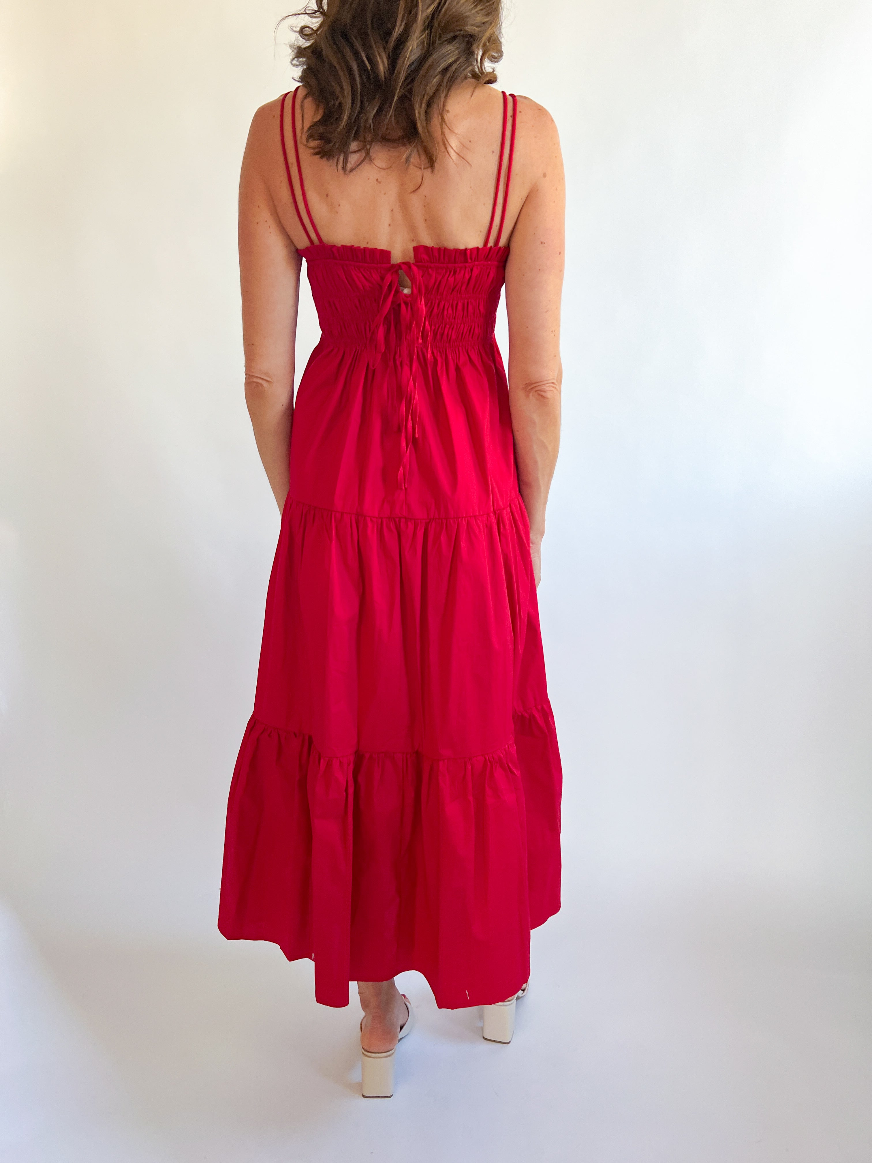 Gennie Smocked Tiered Midi Dress Red / L Gennie Smocked Tiered Midi Dress Red / L