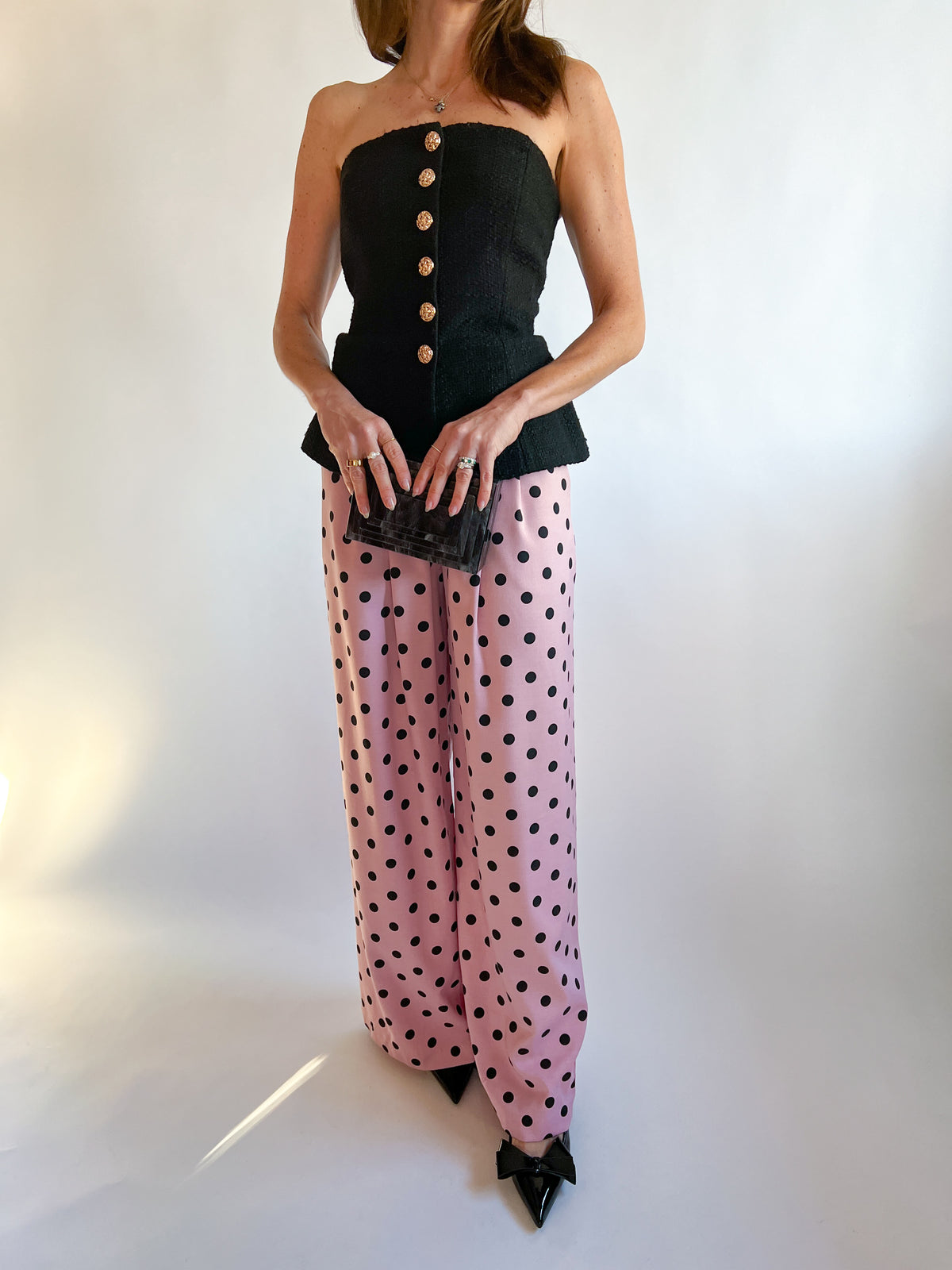 slim fit dress slacks Pink Polka Dot High-Waisted Pants Blush Pink / M