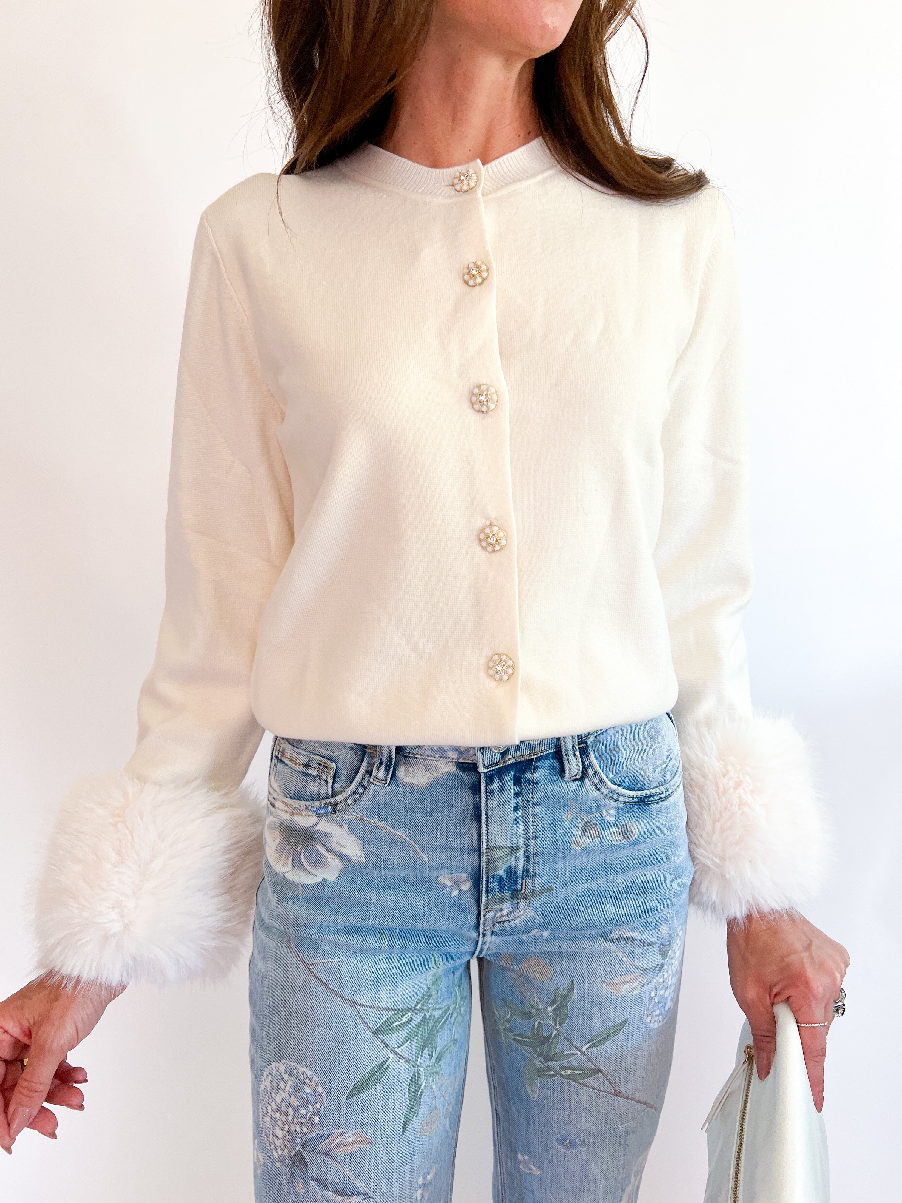 Faux Fur Cuff Embellished Cardigan