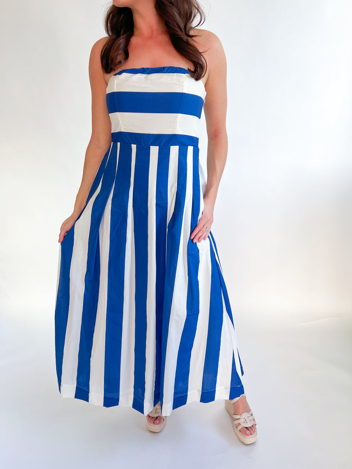 Striped Strapless Smocked Back Midi Dress Blue / M