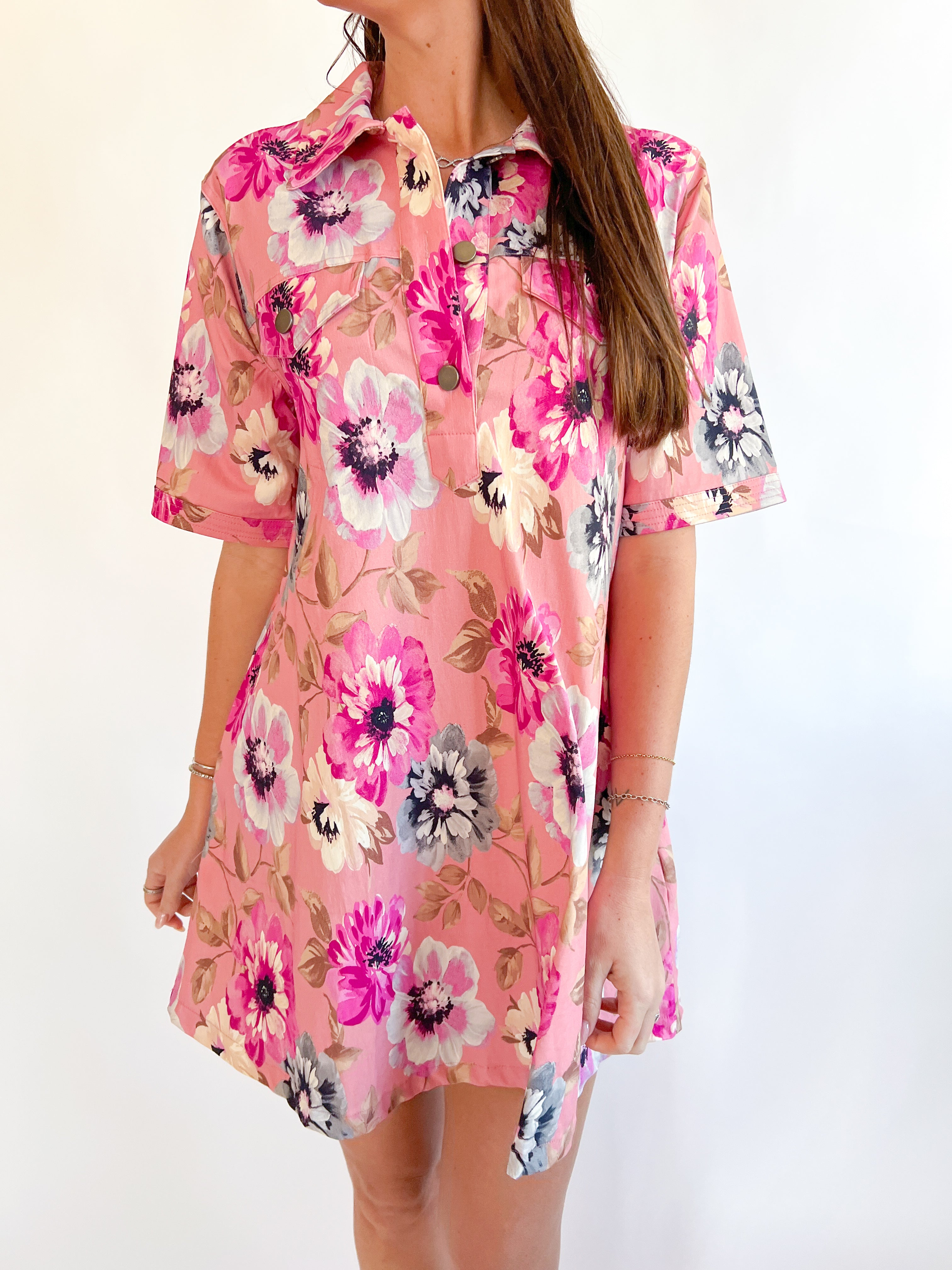 pink floral shift dress Sakmal Dresses for Women Floral Ruffle Short Sleeve Pink Comfort Fit Mid-Length Shift Dress, Women's, Size: Large
