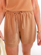 Brown 5-inch loungewear shorts with drawstring waist