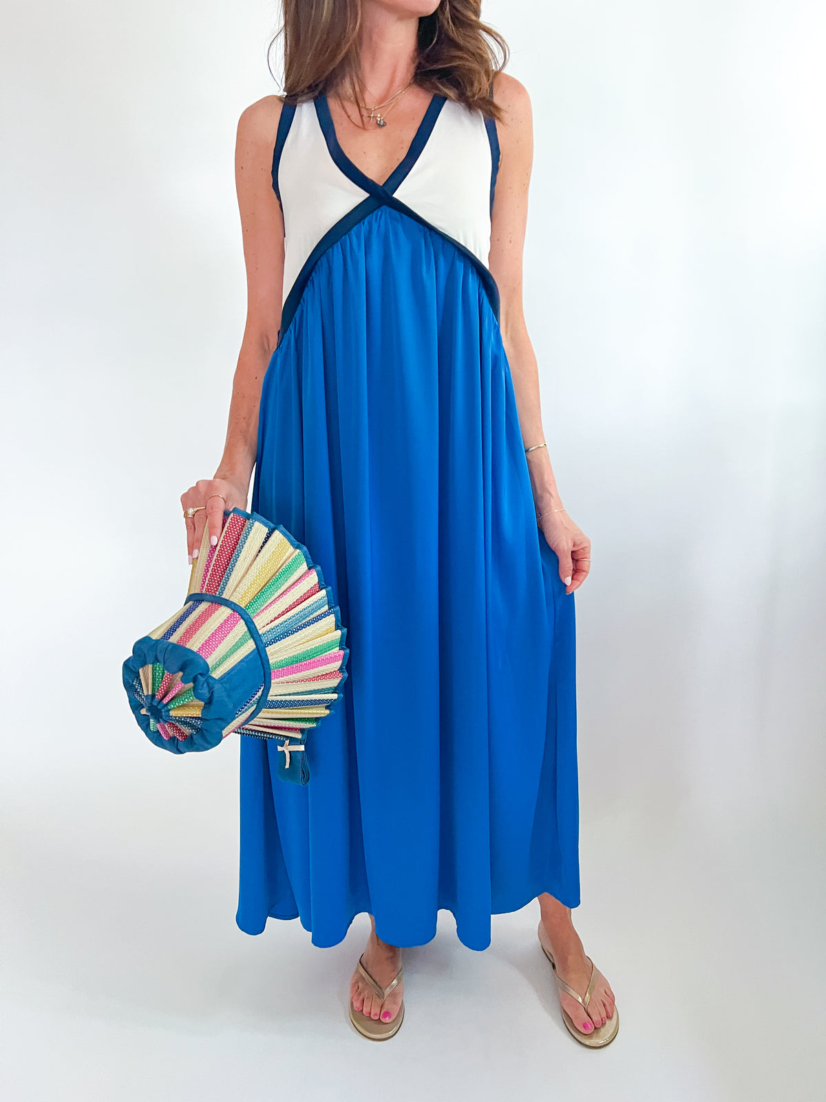 sleeveless empire waist dress Maxi Dress Blue Sleeveless Empire Waist Gathered Plunging V Neck Halter  Velvet Trim Vintage 70s SMALL S