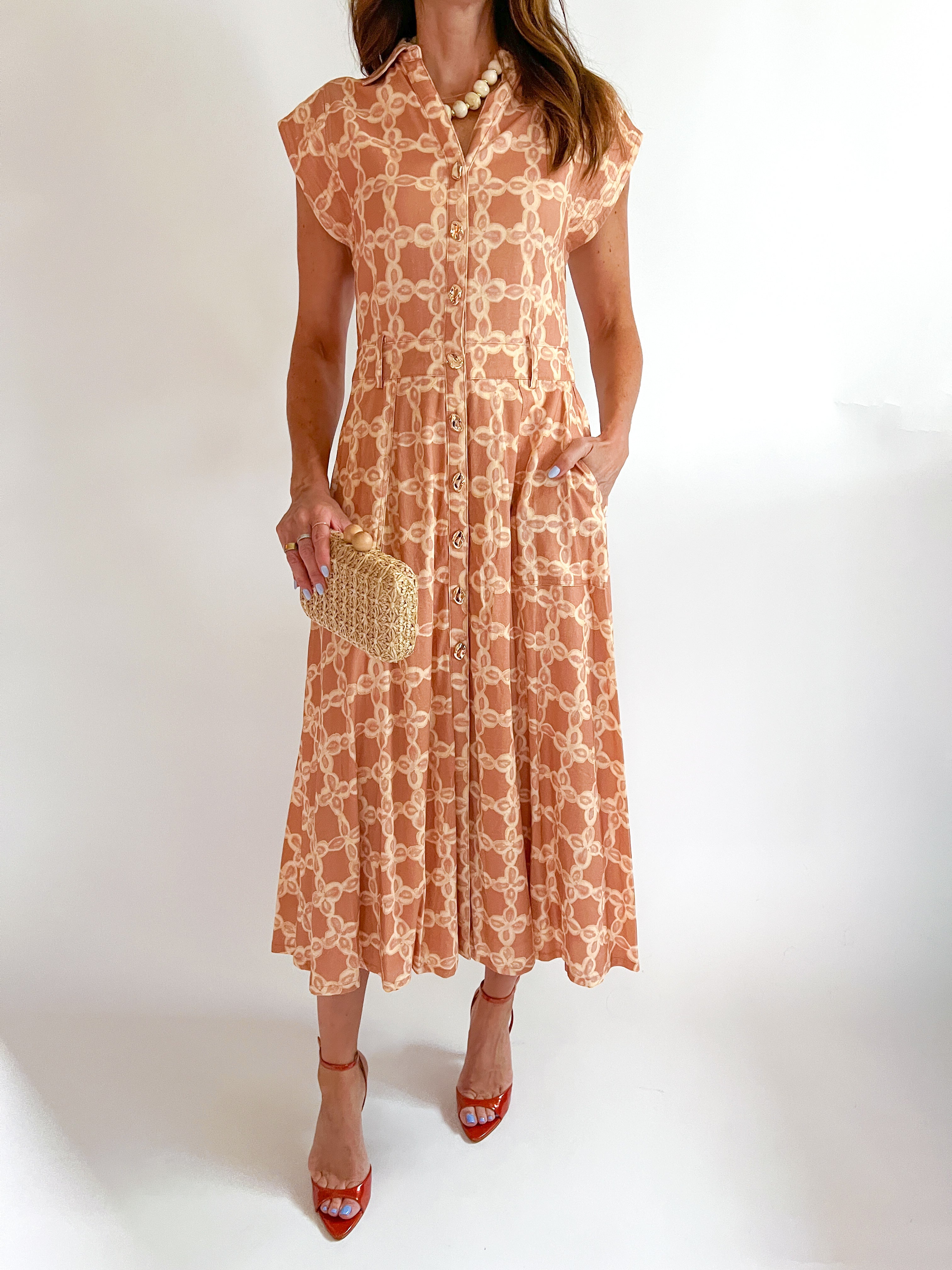 Tan mosaic print midi dress with button front and cap sleeves