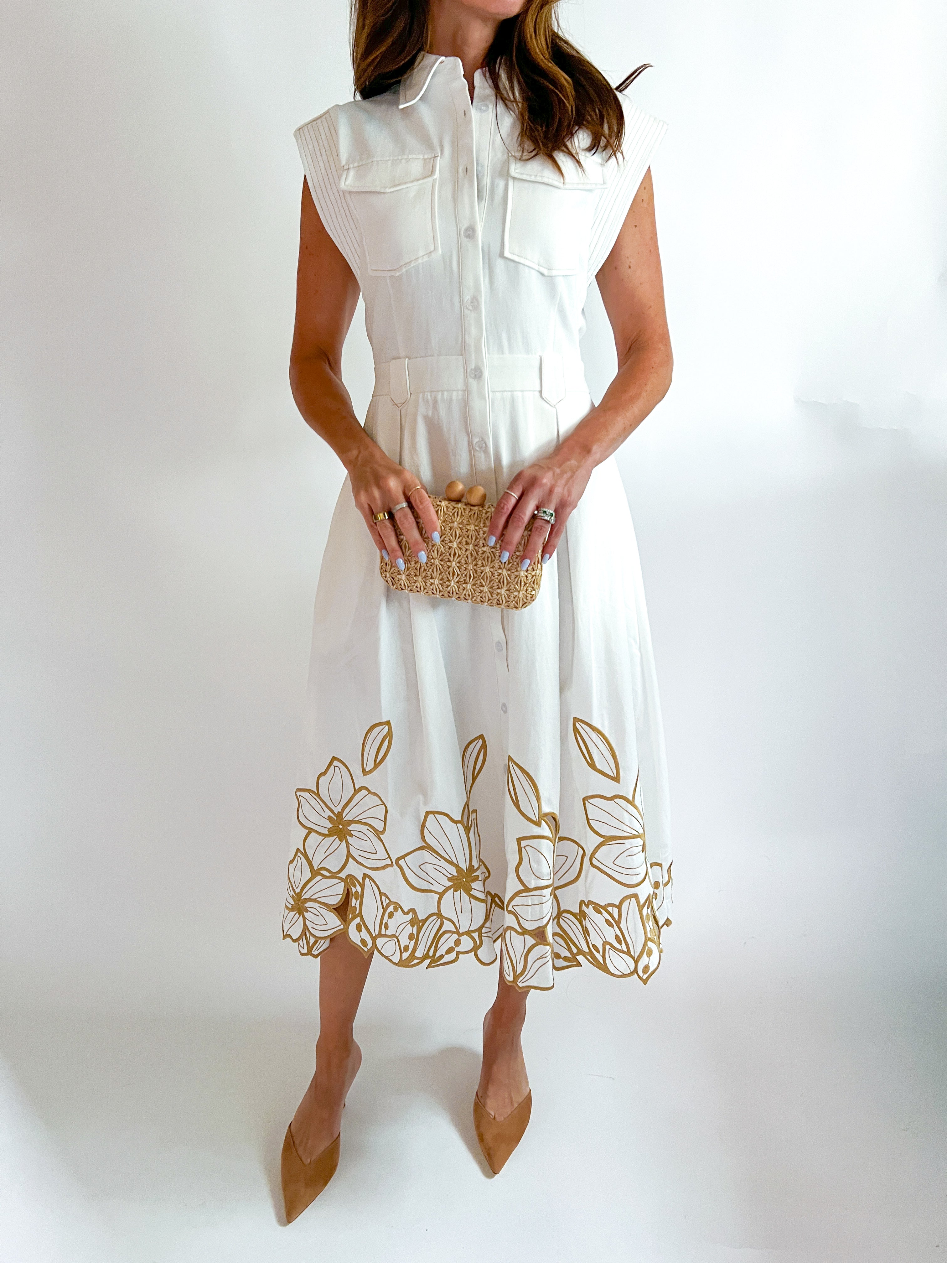 White midi shirt dress with floral cut-out embroidered hem