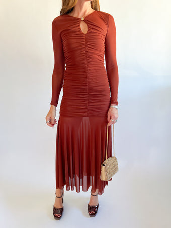 a woman in a red dress