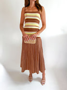 Brown striped maxi dress with pleated skirt