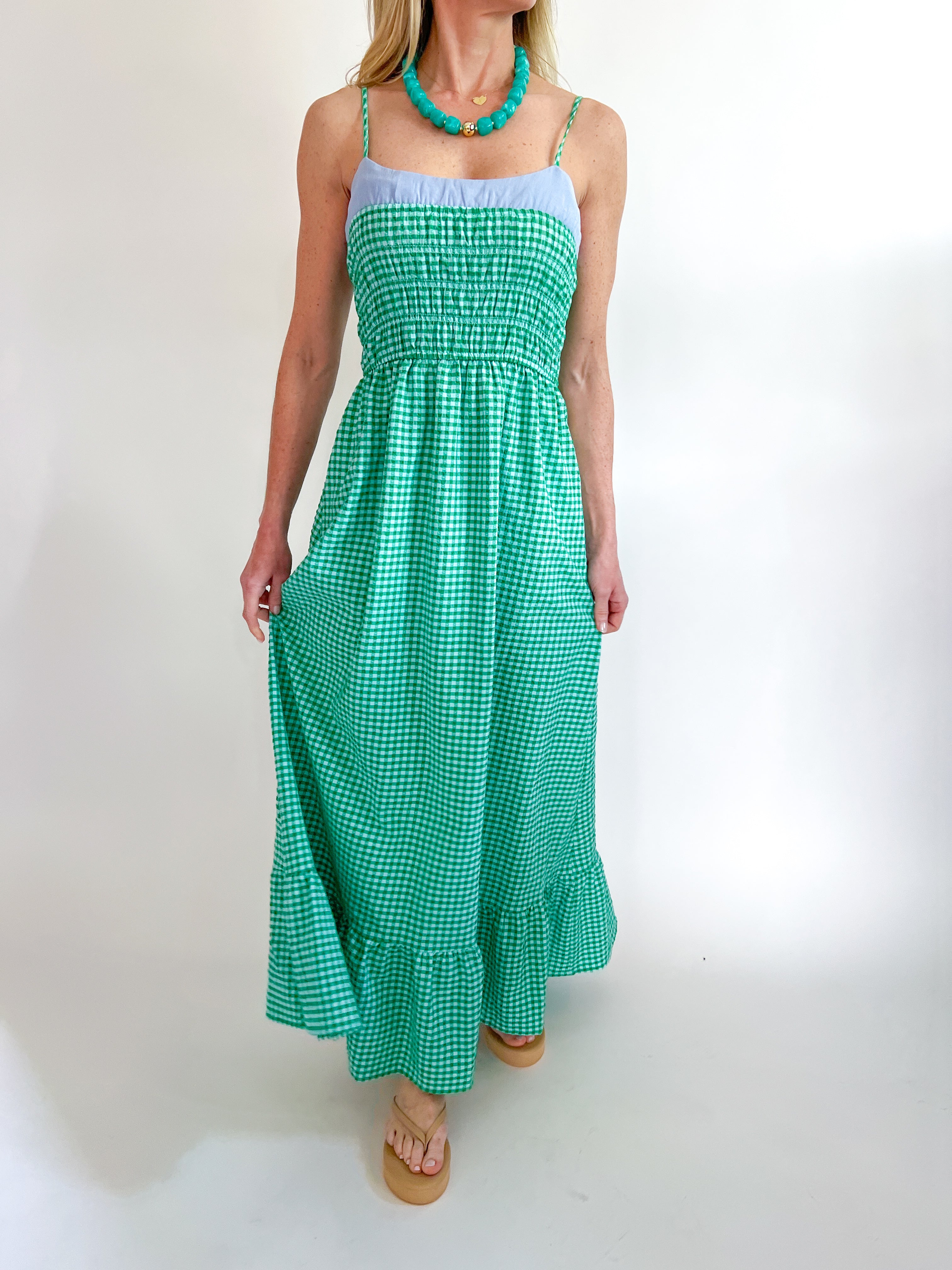 Gingham Smocked Maxi Dress - Green / M Gingham Smocked Maxi Dress - Green / M