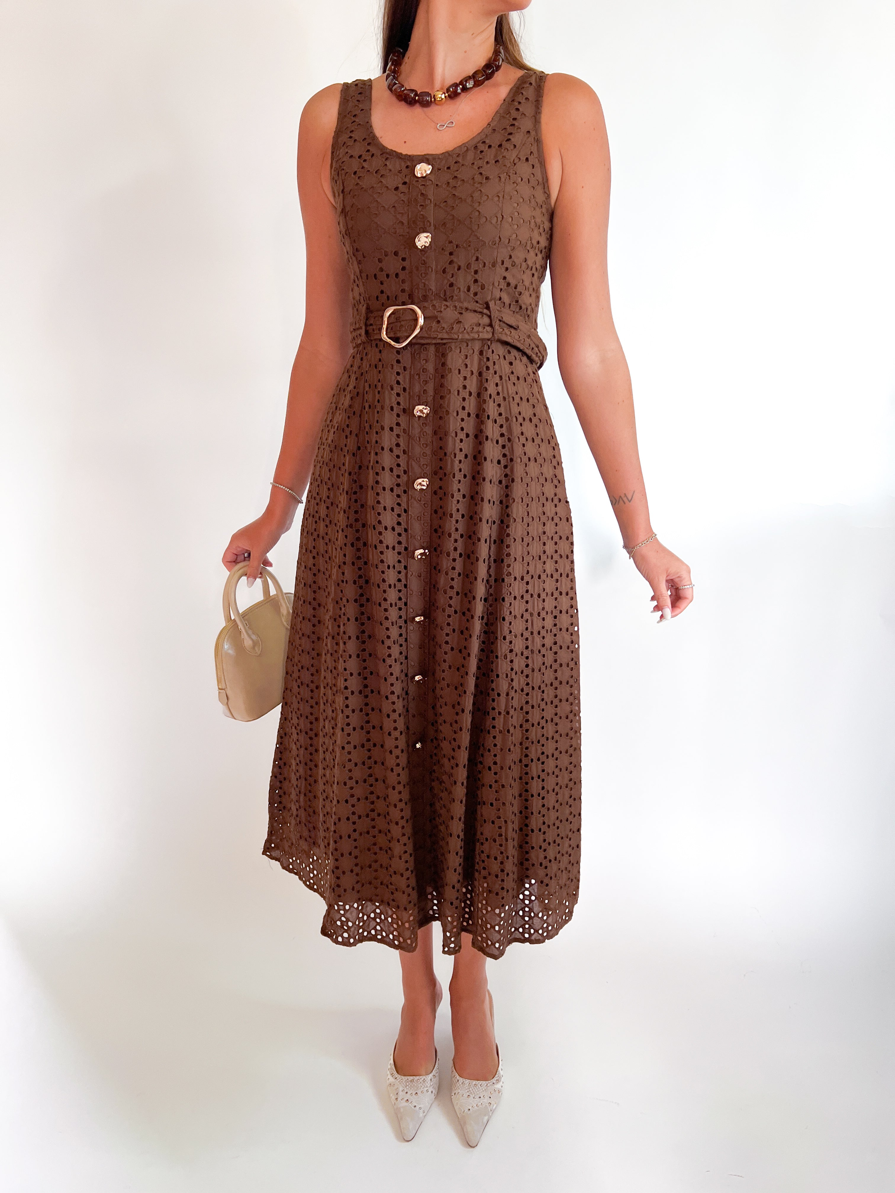 Button Down Eyelet Sleeveless Midi Dress Brown / S