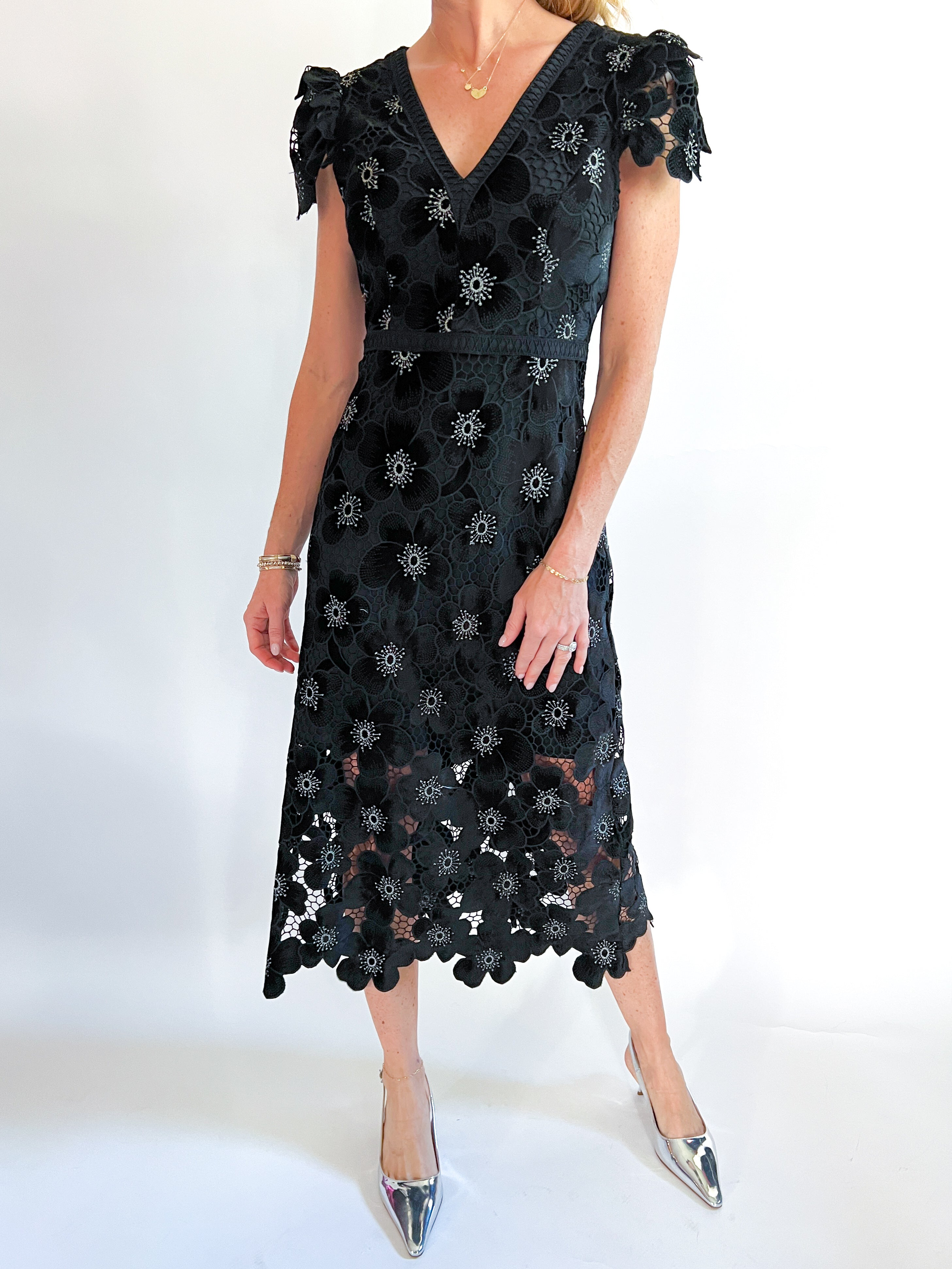 Jenni Kayne $690 SILK Lace high quality Midi Dress 4 Crochet Cocktail BLACK Small Crewneck